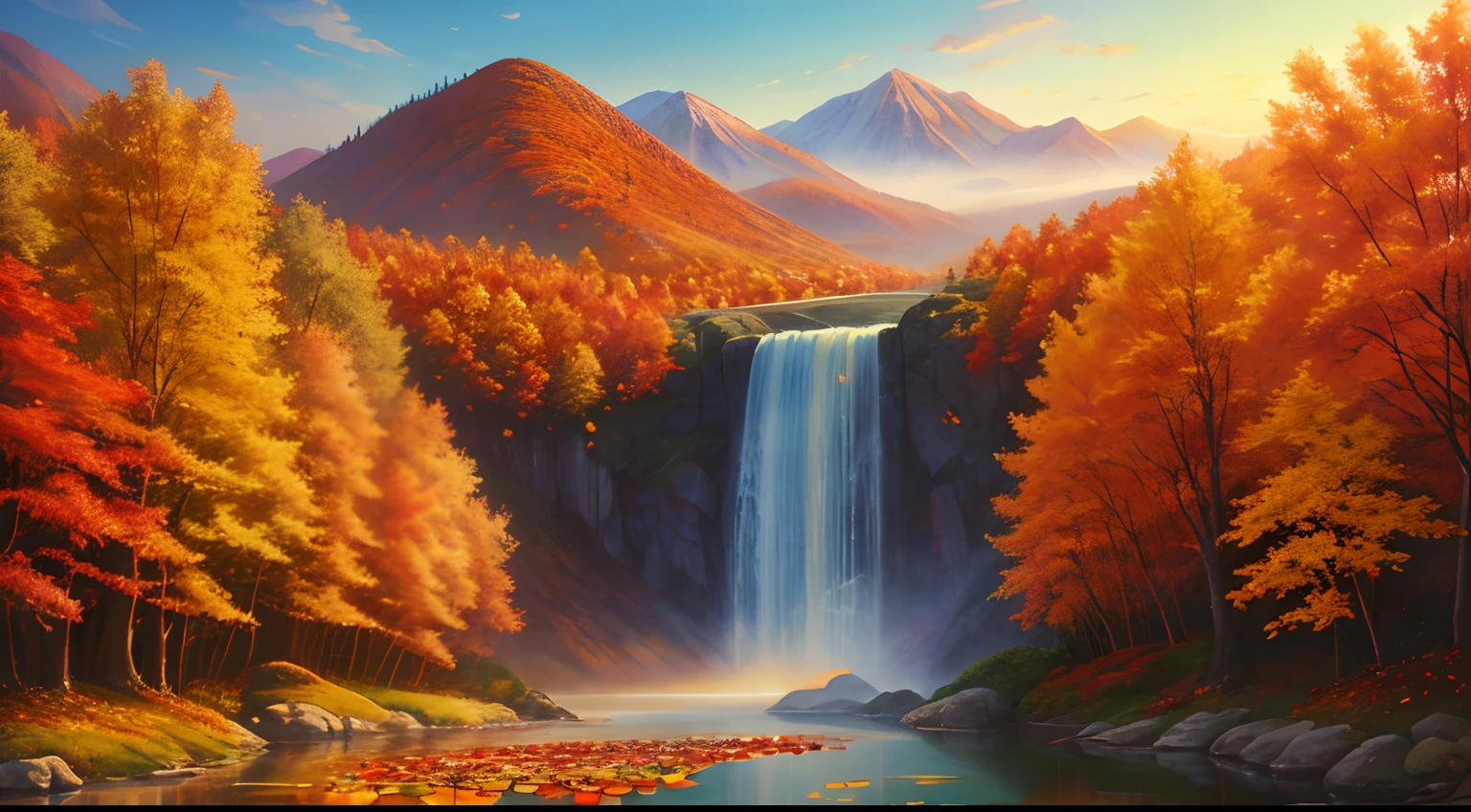 Woman in white dress, goddess of autumn,Beautiful age girl,🍁 Cute, Realistic painting style, Autumn background,Red maple forest,Lotus leaf,lotuses,Distant mountains,Sunset Dusk, Beautiful digital artwork, golden autumn, Guviz-style artwork, 🍁 Cute, photorrealistic concept art, landscape artwork, inspired by Magali Villeneuve, in fall, Photorealistic!!!!!!! Art style, Beautiful artwork, super realistic painting style