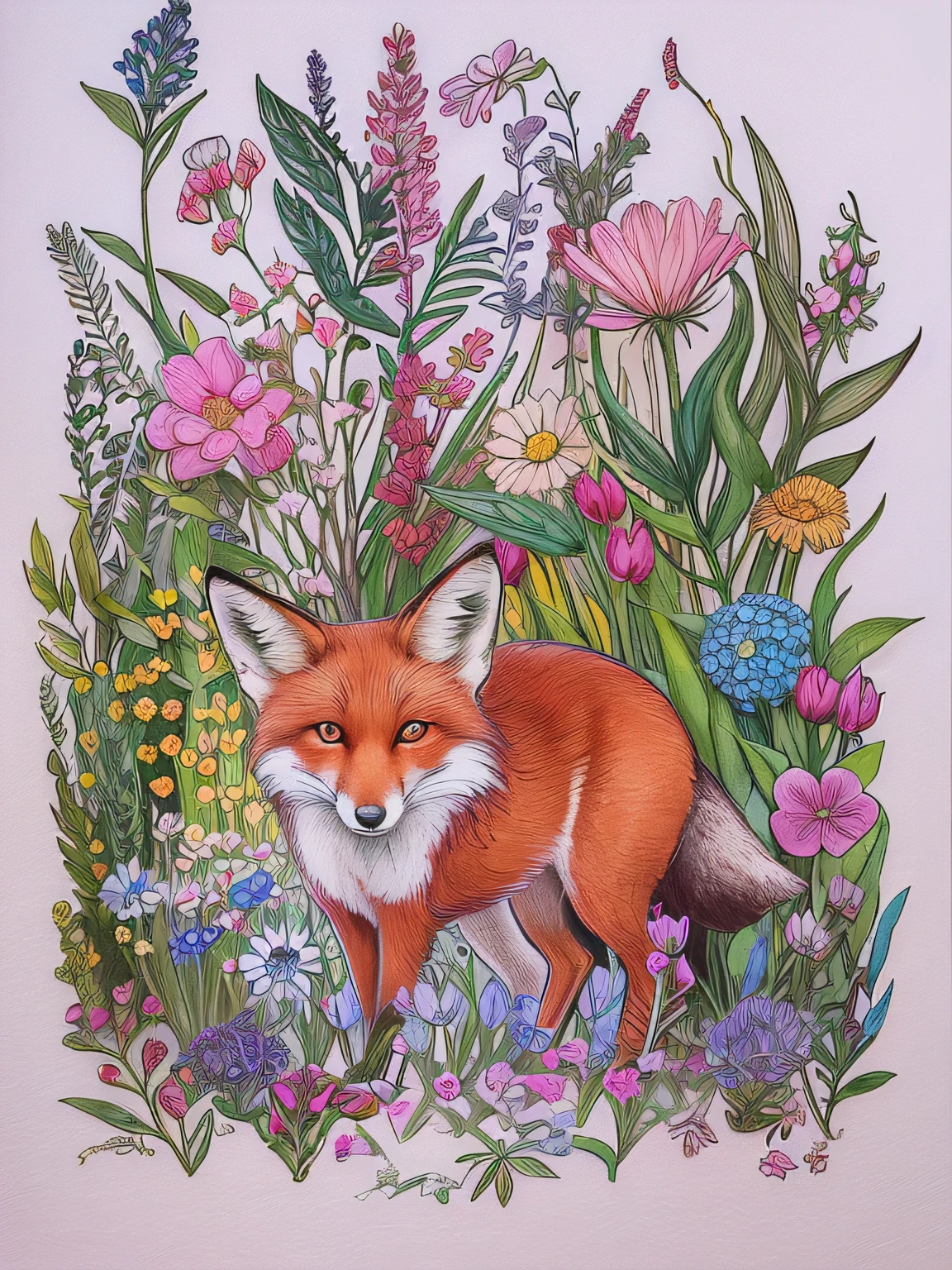 coloring book with a fox and flowers in the background, pink fox, whimsical fox, the lovely hairy fox, coloured with lots of colour, colourful!! highly detailed, ethereal fox, colored in, filled with fauna, watercolor pencil + ink drawing, ✏️🎨, fiery coloring, inspired by Lorraine Fox, extremely detailed!, dreamy and detailed, coloring book page, full color drawing