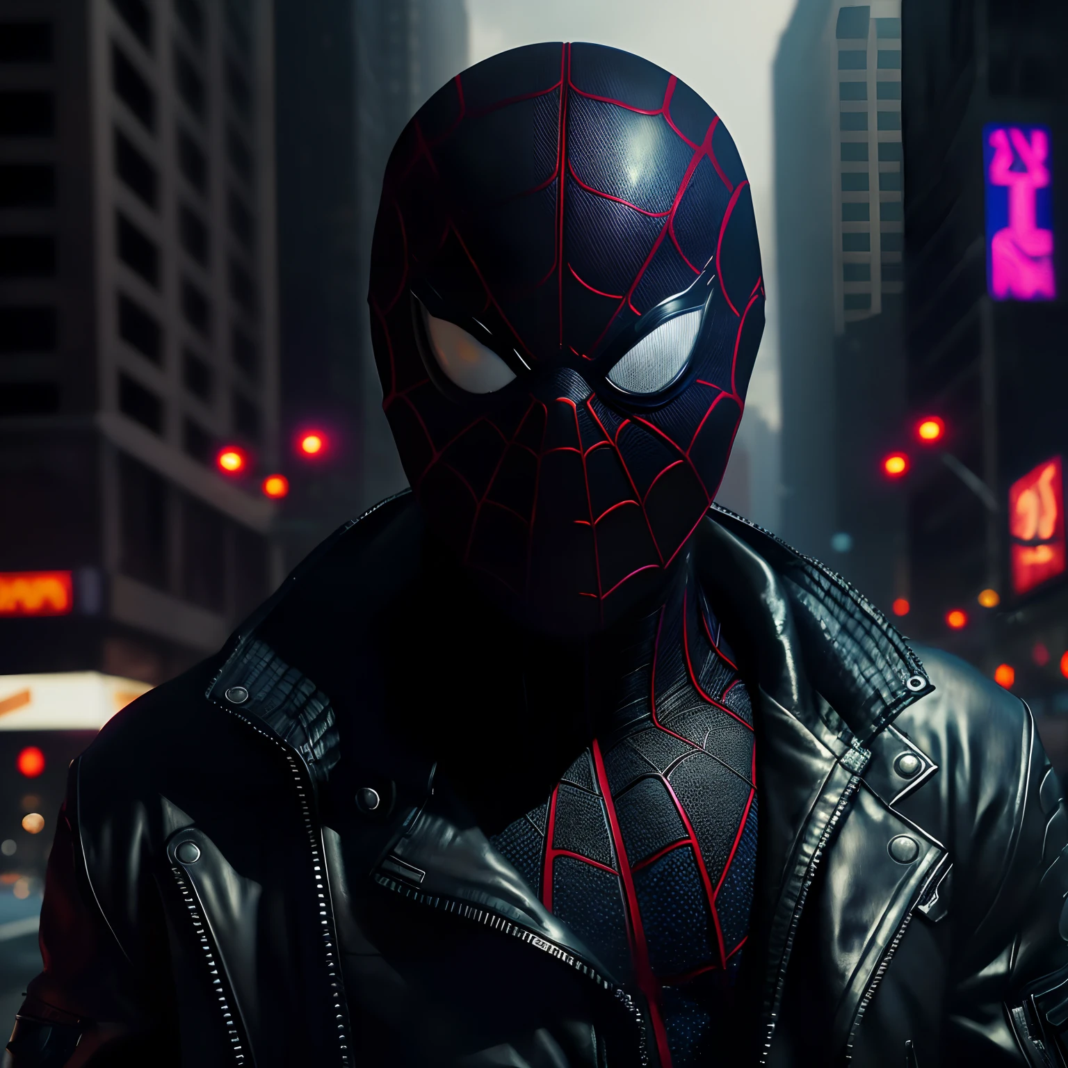 Black spider Man wearing a black jacket , (top-quality、8K、32K、masterpiece、)、(The ultra -The high-definition)、(Photorealsitic:1.4)、Raw photography,Perfect eyes,Charming perfect figure,actionpose:1.2,Detailed cyberpunk fashion、World of Cyberpunk,depth of fields,blurry backround,、