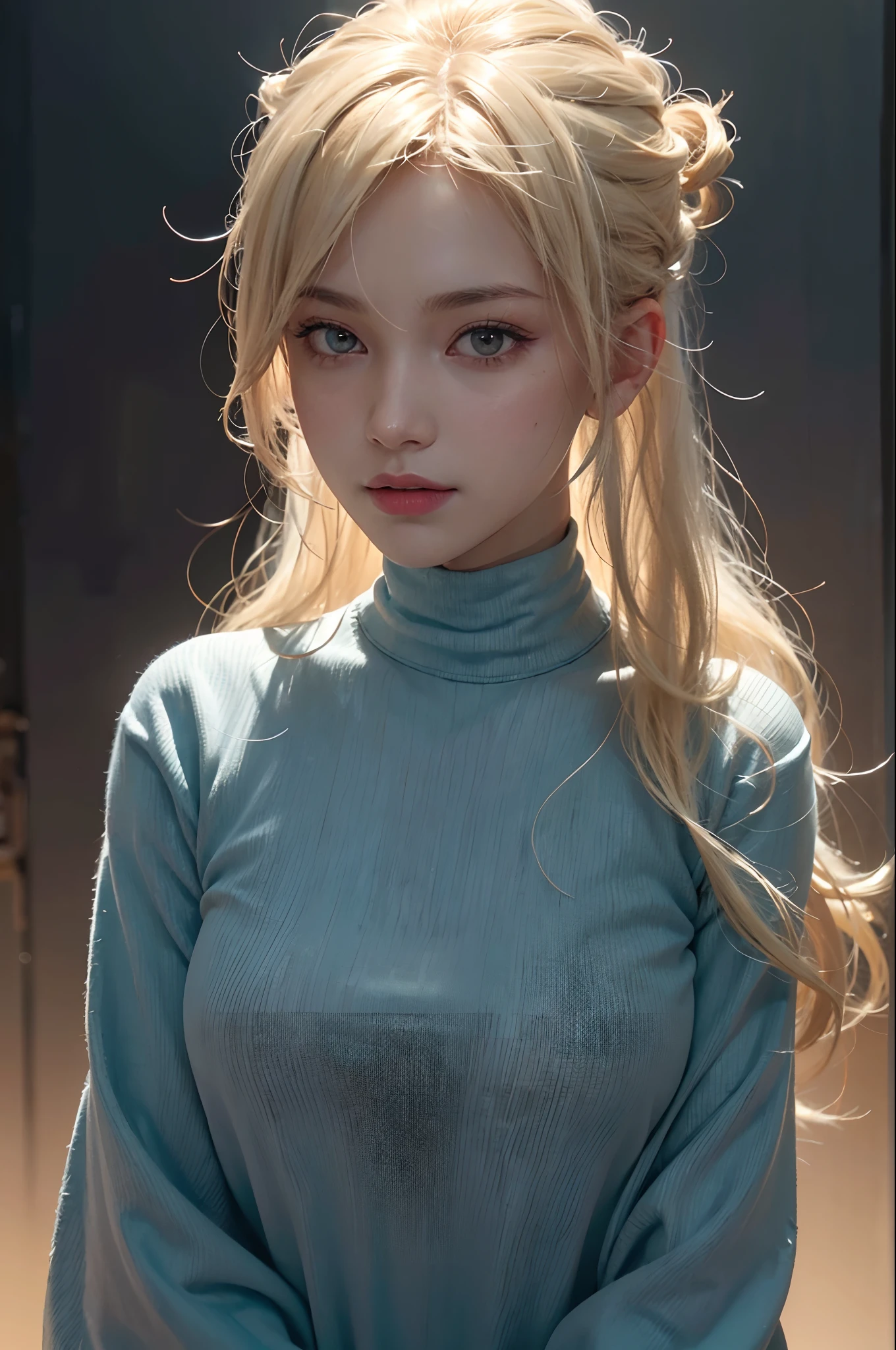 a blond, Wavy hair,(hi-top fade:1.3), Smiling broadly, bright look, dark theme, soothing tones, muted colors, High contrast, (Natural skin texture, hyperrealism, Soft light, edgy),exposure blend, medium shot, Bokeh, (HDR:1.4), High contrast, (films, teal and orange:0.85), (muted colors, faded colors, soothing tones:1.3), Low saturation, (hyperdetailed:1.2), (black:0.4)