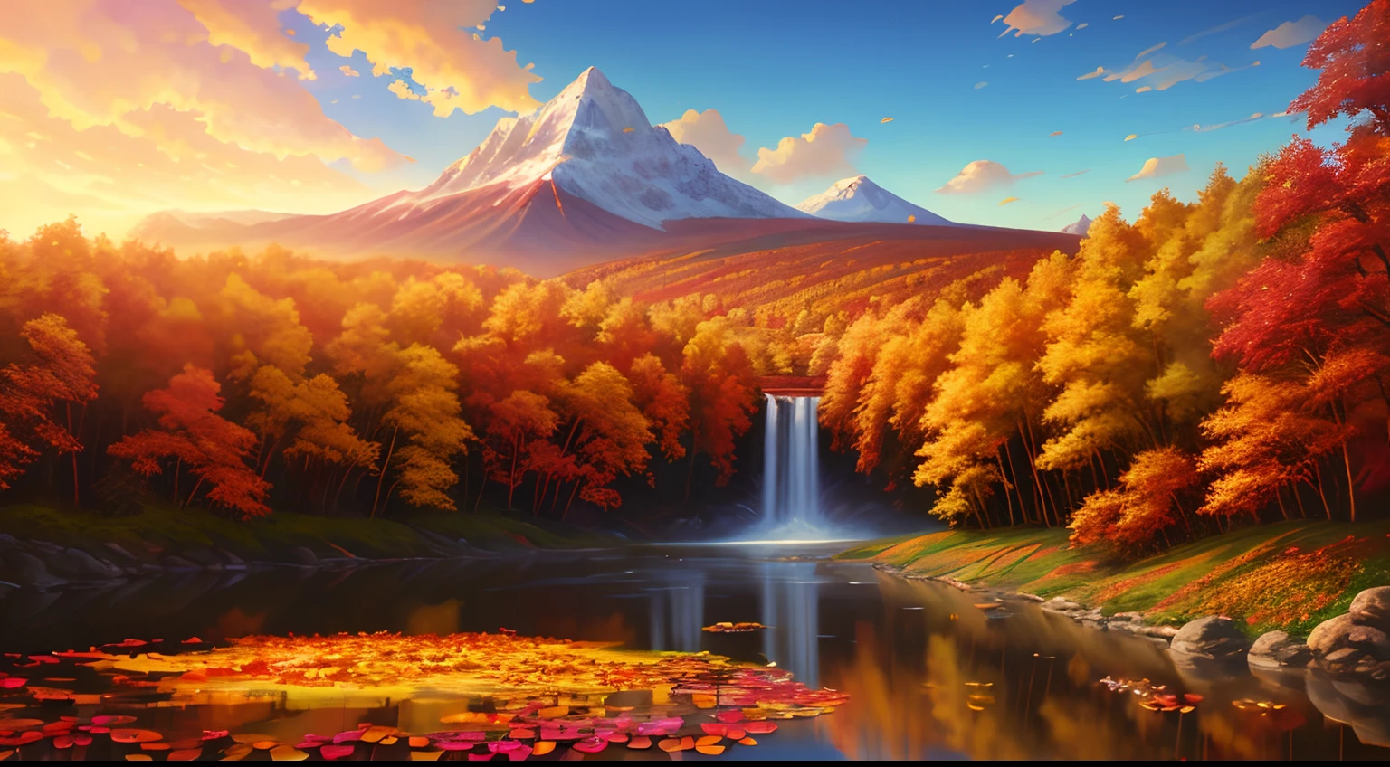 Woman in white dress, goddess of autumn,Beautiful age girl,🍁 Cute, Realistic painting style, Autumn background,Red maple forest,Lotus leaf,lotuses,Distant mountains,Sunset Dusk, Beautiful digital artwork, golden autumn, Guviz-style artwork, 🍁 Cute, photorrealistic concept art, landscape artwork, inspired by Magali Villeneuve, in fall, Photorealistic!!!!!!! Art style, Beautiful artwork, super realistic painting style