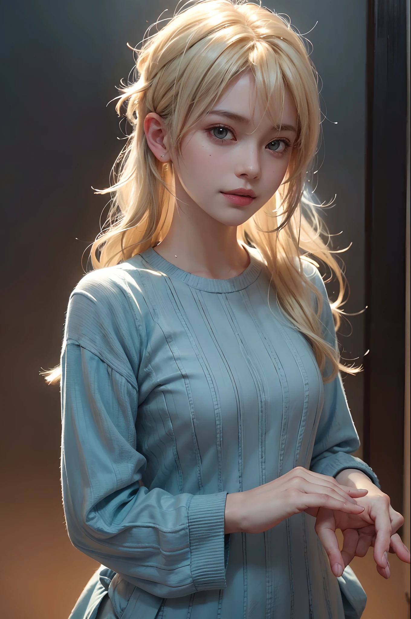 a blond, Wavy hair,(hi-top fade:1.3), Smiling broadly, bright look, dark theme, soothing tones, muted colors, High contrast, (Natural skin texture, hyperrealism, Soft light, edgy),exposure blend, medium shot, Bokeh, (HDR:1.4), High contrast, (films, teal and orange:0.85), (muted colors, faded colors, soothing tones:1.3), Low saturation, (hyperdetailed:1.2), (black:0.4)