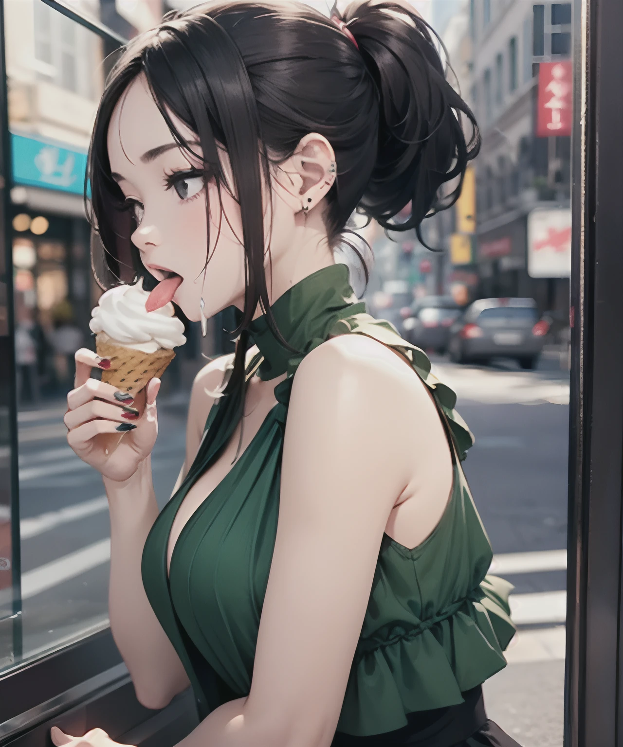 The Masterpiece、Realstic、best qulaity、Squint、Beautiful woman licking up a large soft-serve ice cream with her tongue、photorealestic, ponytail black hair, wearing a green dress, 8k