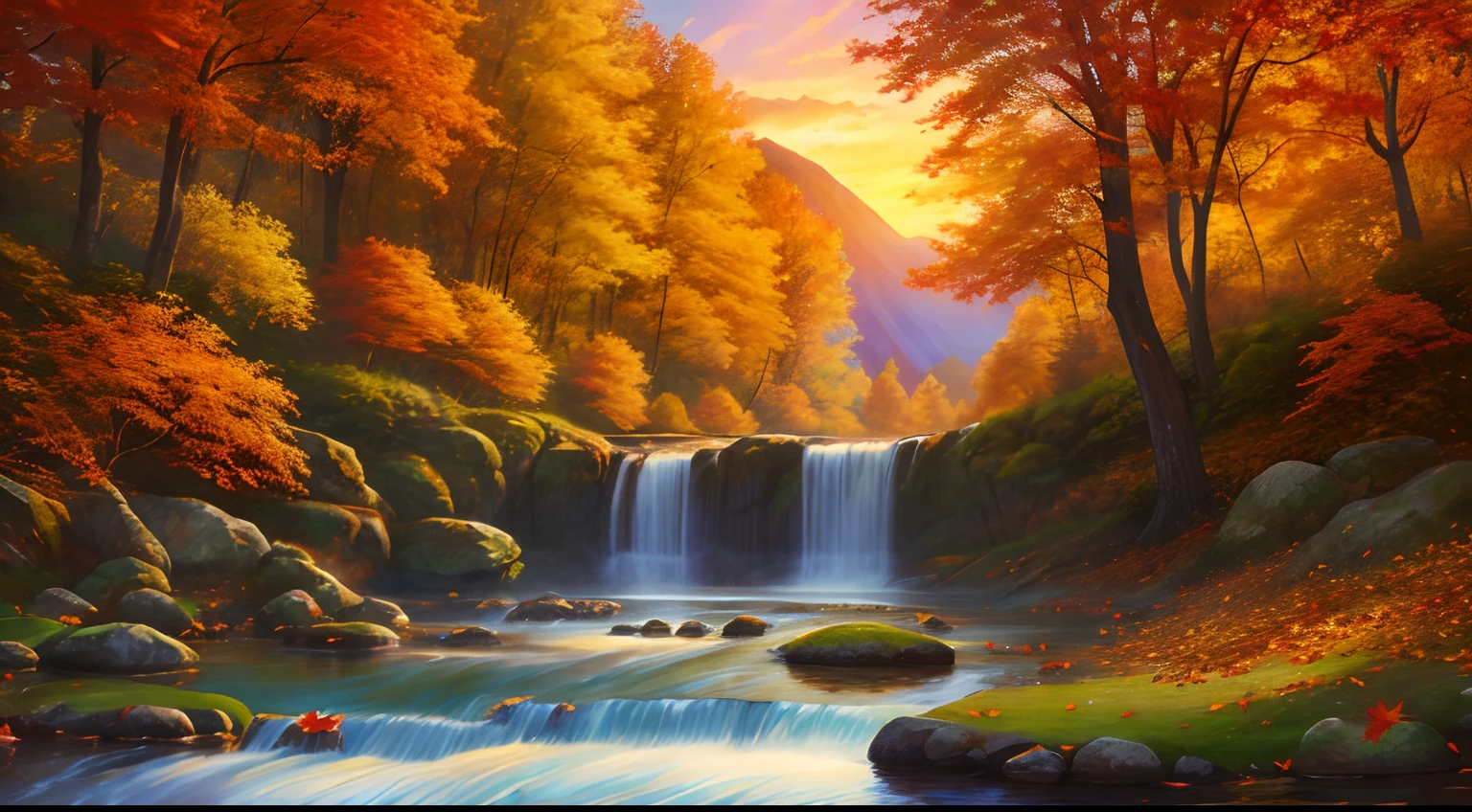 Woman in white dress, goddess of autumn,Beautiful age girl, Realistic painting style, Autumn background,Red maple forest,Lotus leaf,lotuses,Distant mountains,Sunset Dusk, Beautiful digital artwork, golden autumn, Guviz-style artwork, 🍁 Cute, photorrealistic concept art, landscape artwork, inspired by Magali Villeneuve, in fall, Photorealistic!!!!!!! Art style, Beautiful artwork, super realistic painting style