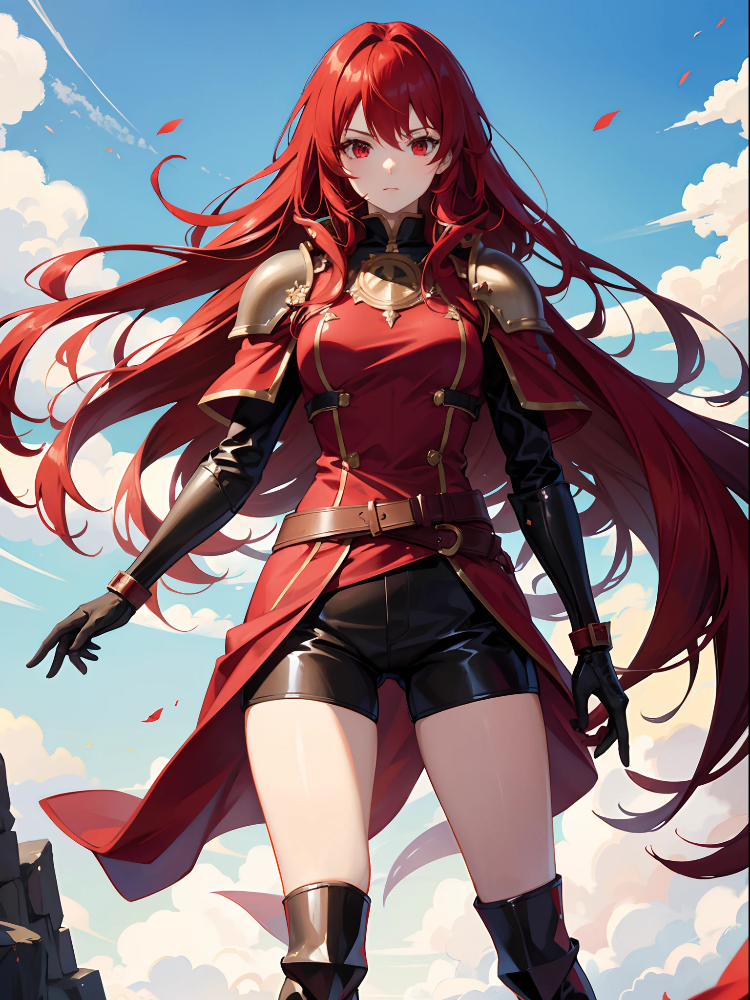 red hair, red eyes, extra long hair, red cape, collar, black knight armor, high boots, thighs, tight shorts