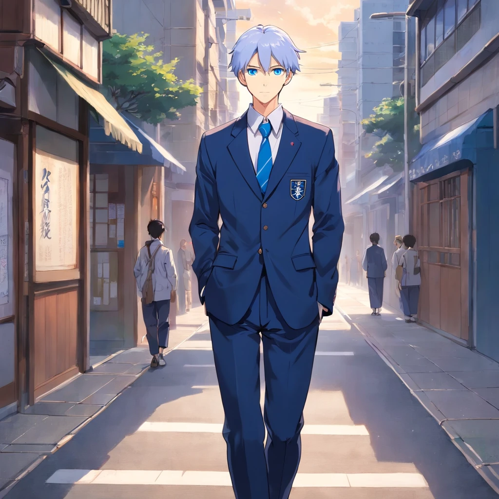 Create an animated scene of a young Gojo Satoru walking casually on a sidewalk with the classic uniform of the Tokyo Jujutsu High School, set against a simple background.

Gojo Satoru, in his youthful appearance, has vibrant white hair with a hint of blue that cascades down to his shoulders in a slightly tousled style. His most captivating feature is his striking blue eyes, which are both enchanting and powerful. These eyes have a mesmerizing quality, with pale lavender irises surrounded by a deep shade of blue. They shine with an intensity that reflects his exceptional strength and wisdom.

He is dressed impeccably in the Tokyo Jujutsu High School uniform, which includes a well-fitted white button-up shirt with a crisp collar and neatly fastened buttons. Over the shirt, he wears a black blazer adorned with the school emblem on the breast pocket. The blazer features subtle red accents along the edges and cuffs, adding to the sophistication of the uniform.

His matching black pants are tailored to perfection, offering a sleek and stylish look. Gojo's black dress shoes complete the ensemble, reflecting a sense of elegance.

His hands are comfortably tucked into the pockets of his blazer, giving him an air of nonchalance as he walks. There should be a relaxed and confident expression on his face.

The background should be minimalistic, emphasizing the urban sidewalk setting with perhaps a few people passing by in the background. The animation should capture the youthful charm, confidence, impeccable style, and the mesmerizing quality of Gojo Satoru's captivating blue eyes in his school uniform.