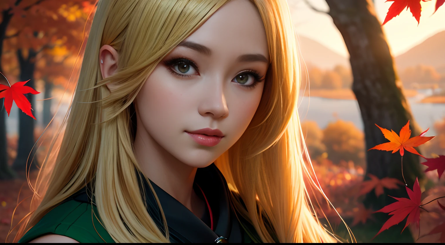 Close up of a woman with long blonde hair and green dress, 🍁 Cute,Autumn background,Red maple forest,Lotus leaf,lotuses,Distant mountains,Sunset Dusk, Guviz-style artwork,, Guviz, Beautiful image, Girl, 🌺 CGSesociety, 🍂 Cute, Beautiful digital illustration, Beautiful character painting, Beautiful teenage girl, Guweiz in Pixiv ArtStation, Fanart Meilleure ArtStation