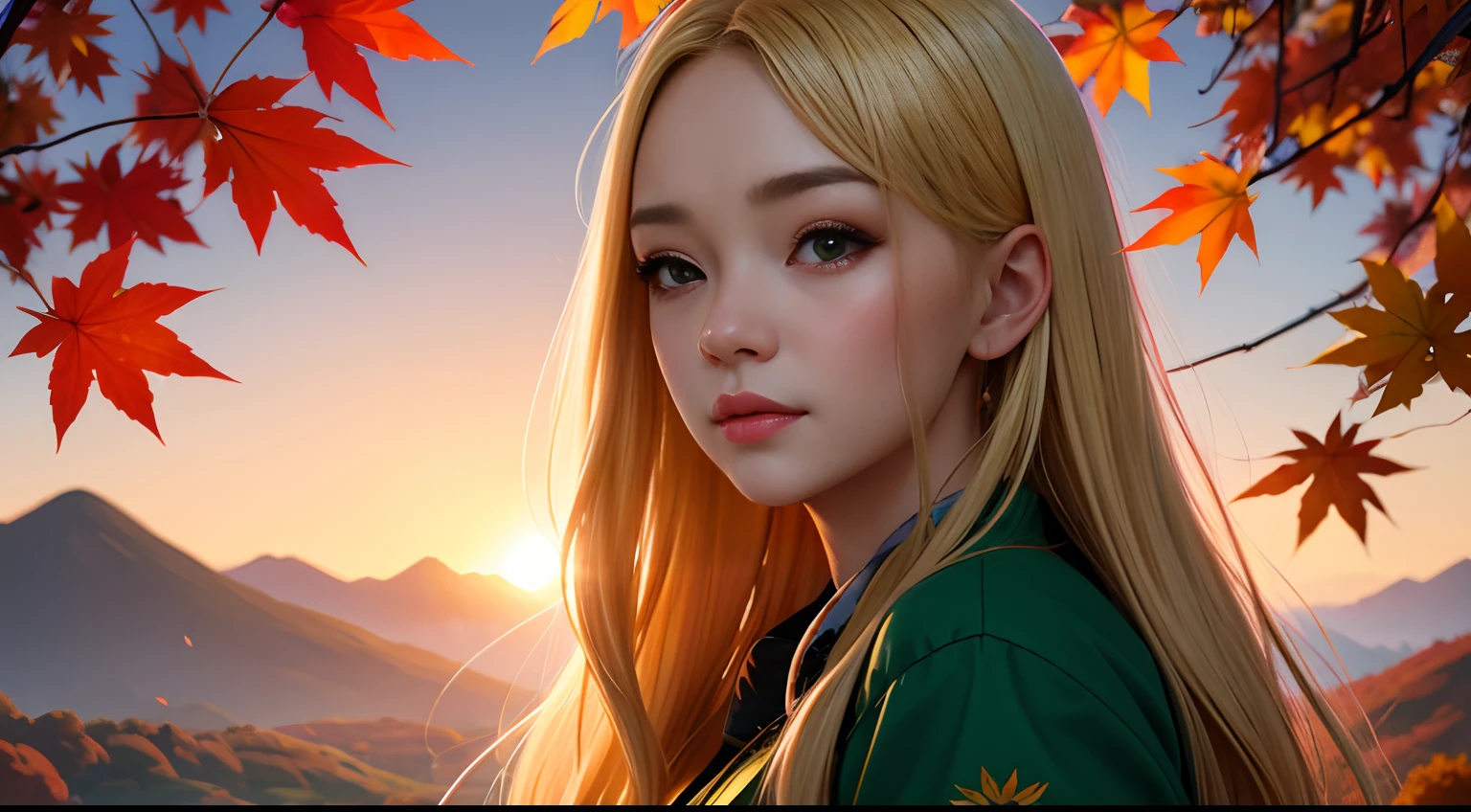 Close up of a woman with long blonde hair and green dress, 🍁 Cute,Autumn background，Red maple forest，Lotus leaf，lotuses，Distant mountains，Sunset Dusk， Guviz-style artwork,, Guviz, Beautiful image, Girl, 🌺 CGSesociety, 🍂 Cute, Beautiful digital illustration, Beautiful character painting, Beautiful teenage girl, Guweiz in Pixiv ArtStation, Fanart Meilleure ArtStation