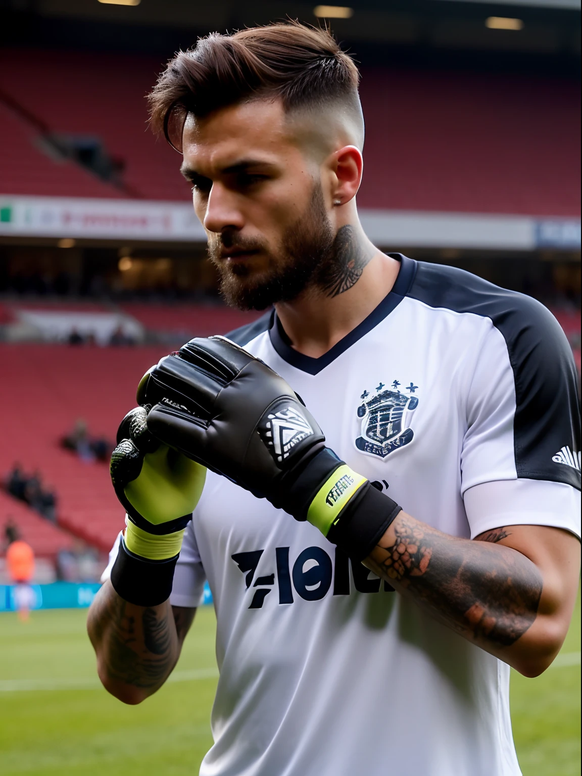 Homem Soccer Player Goalkeeper with tattoos, goalkeeper glove on his hand, Photo during the game on the field, in Manchester United