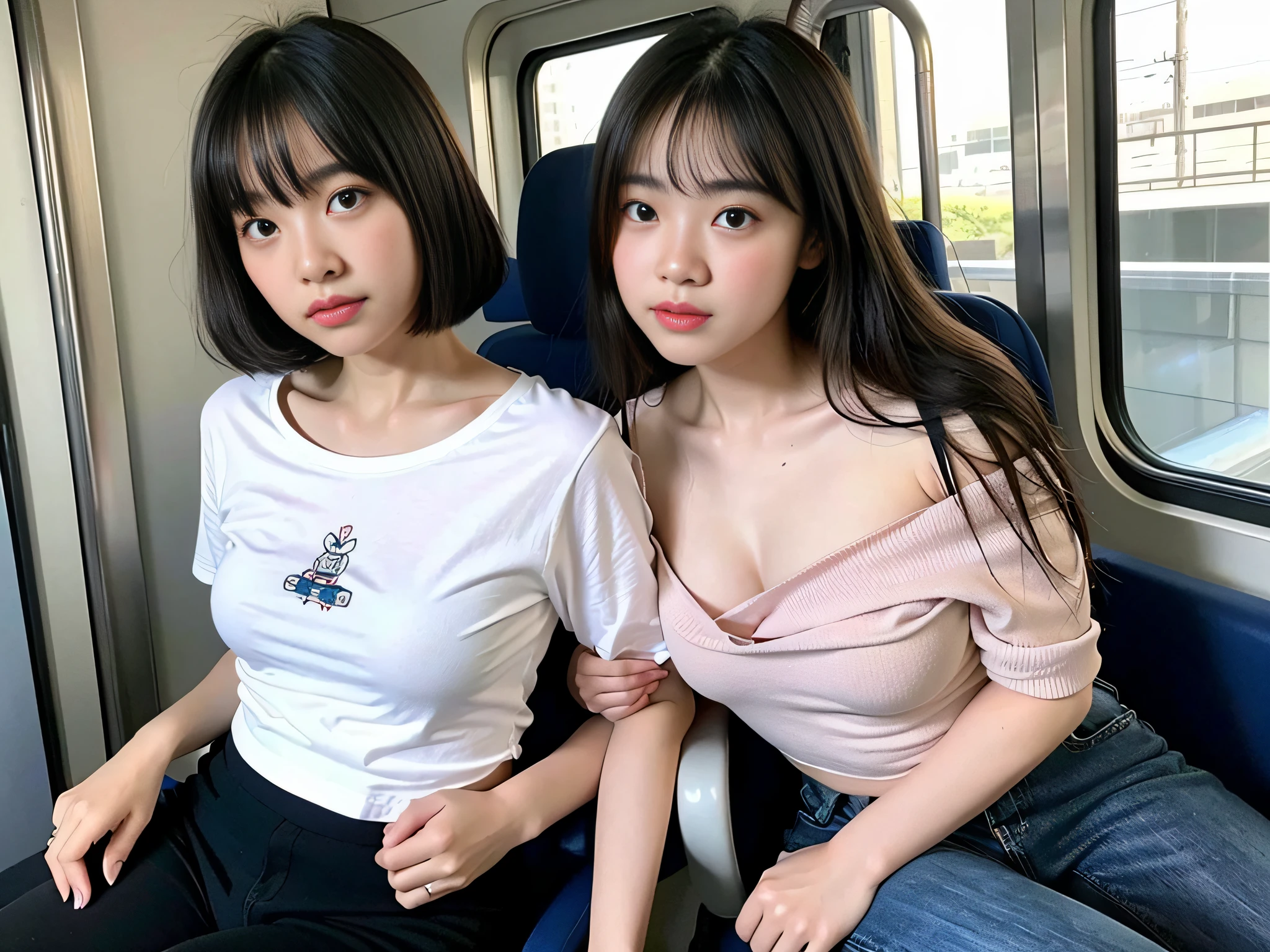 high-level image quality、realphoto、Cute little girl s、sitting in the train seat、Slouched、Chest chiller、Chest gaps、You can see all the way to your stomach、 large boob、 I can't see the nipple、Deep Down Blouse、oversize tshirt、japanes、13years、off shoulders、No bra、The size is not correct、high-angle shot