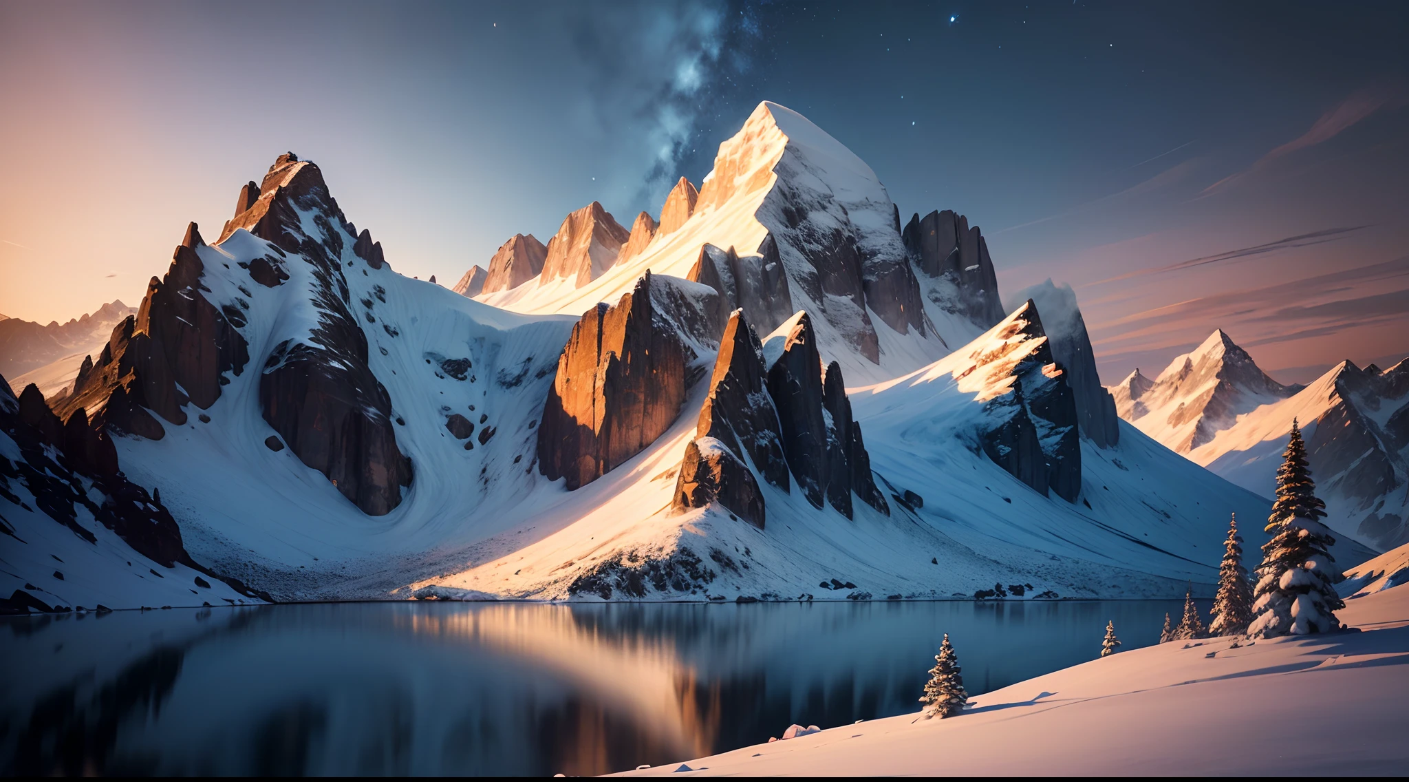 (best quality,4k,8k,highres,masterpiece:1.2),ultra-detailed,(realistic,photorealistic,photo-realistic:1.37),mountains,panoramic view,snow-capped peaks,sunlight filtering through the clouds,vibrant colors,majestic landscape,pine trees,cascading waterfalls,reflection in a crystal-clear lake,morning mist,serene atmosphere,adventurous hikers in the distance,dramatic sky,expansive horizon,hidden valleys and canyons,peaceful solitude,wildflowers in bloom,rocky cliffs,fresh mountain air,gentle breeze,starry night sky,faint aurora borealis dancing above the peaks,mountains shrouded in fog,magnificent sunrise over the mountains,playful mountain goats,snow-covered pine forests,tranquil mountain streams,sparkling alpine meadows,steep mountain trails,glacial lakes,ancient glaciers slowly carving the landscape,remote mountain villages,traditional wooden houses,fireplace crackling in a cozy cabin,nighttime silhouette of mountain ranges,ethereal mountain views,awe-inspiring beauty.