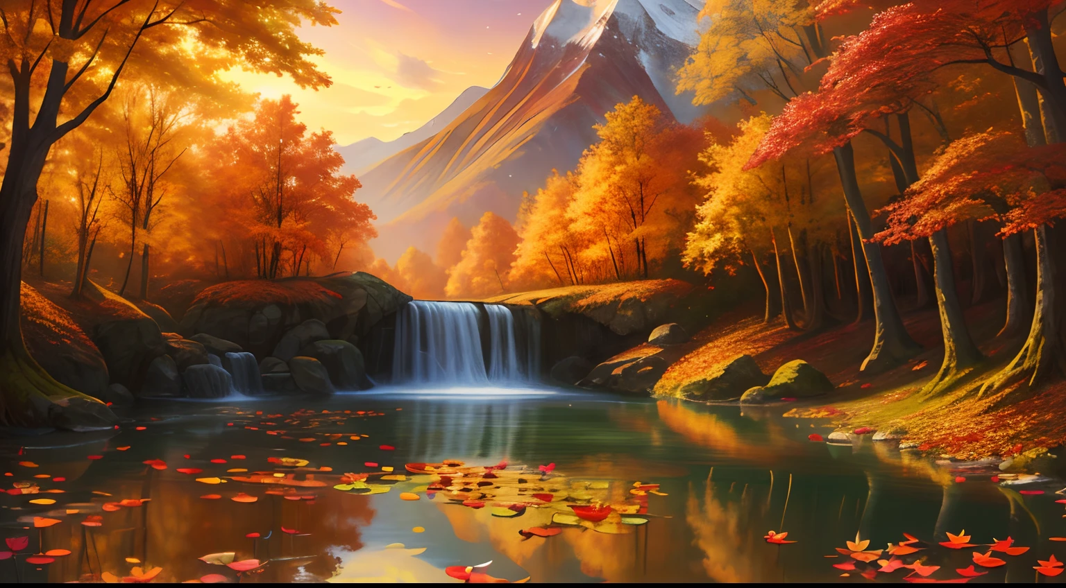 Woman in white dress, goddess of autumn,Beautiful teenage girl, Realistic painting style, Autumn background,Red maple forest,Lotus leaf,lotuses,Distant mountains,Sunset Dusk, Beautiful digital artwork, golden autumn, Guviz-style artwork, 🍁 Cute, photorrealistic concept art, landscape artwork, inspired by Magali Villeneuve, in fall, Photorealistic!!!!!!! Art style, Beautiful artwork, super realistic painting style