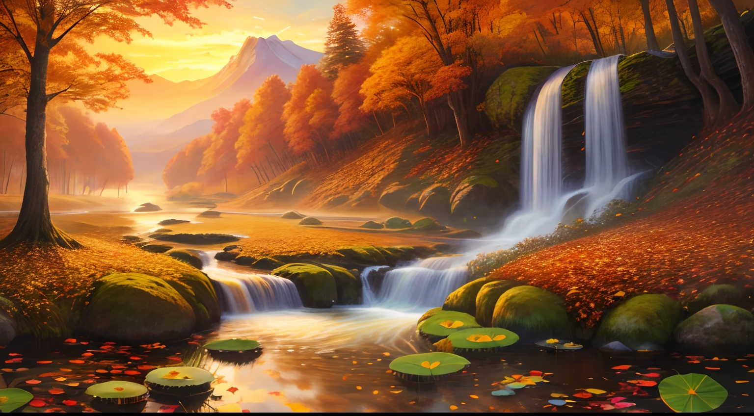 Woman in white dress, goddess of autumn,Beautiful teenage girl, Realistic painting style, Autumn background，Red maple forest，Lotus leaf，lotuses，Distant mountains，Sunset Dusk, Beautiful digital artwork, golden autumn, Guviz-style artwork, 🍁 Cute, photorrealistic concept art, landscape artwork, inspired by Magali Villeneuve, in fall, Photorealistic!!!!!!! Art style, Beautiful artwork, super realistic painting style