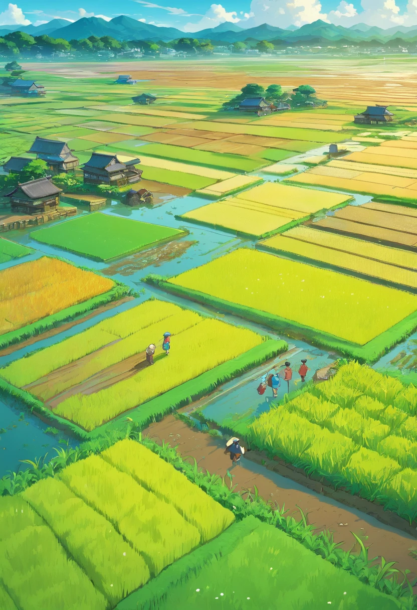 a masterpiece of a cinematic scene of farmers growing rice in wet land, birds flying in sky anime style, ultradetailed, 12k, hyperdetailed, top view, captured by drone