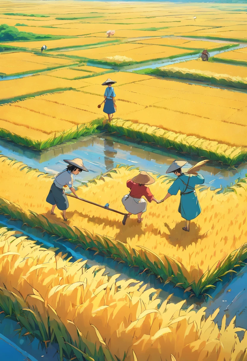 a masterpiece of a cinematic scene of farmers growing rice in wet land, birds flying in sky anime style, ultradetailed, 12k, hyperdetailed, top view, captured by drone