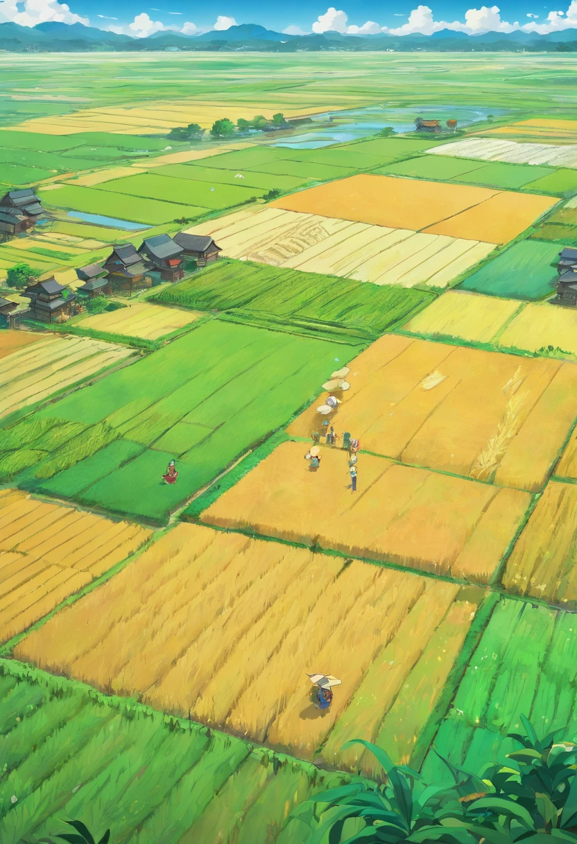 a masterpiece of a cinematic scene of farmers growing rice in wet land, birds flying in sky anime style, ultradetailed, 12k, hyperdetailed, top view, captured by drone