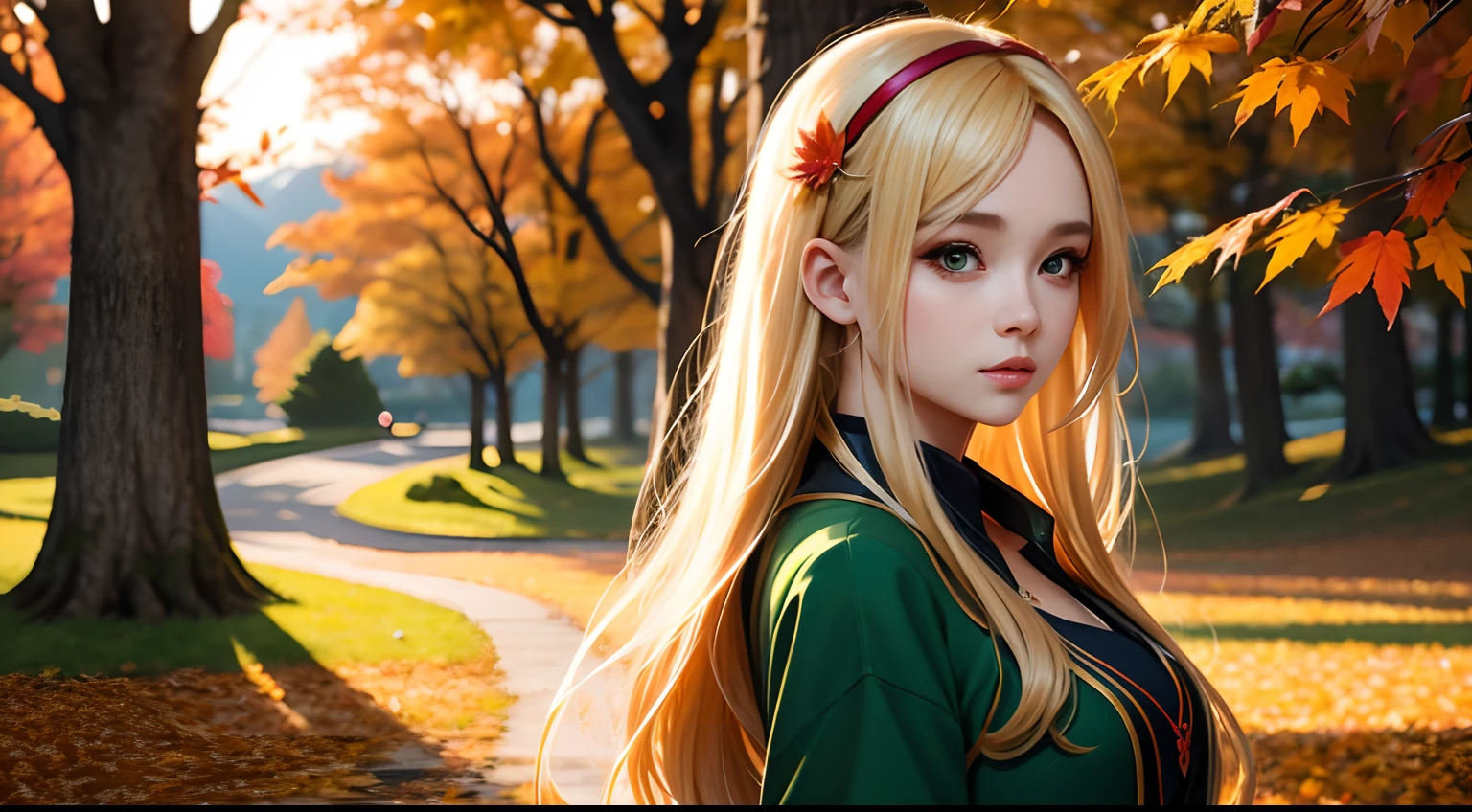 Close up of a woman with long blonde hair and green dress, 🍁 Cute,Autumn background，Red maple forest，Lotus leaf，lotuses，Distant mountains，Sunset Dusk， Guviz-style artwork,, Guviz, Beautiful image, Girl, 🌺 CGSesociety, 🍂 Cute, Beautiful digital illustration, Beautiful character painting, Beautiful teenage girl, Guweiz in Pixiv ArtStation, Fanart Meilleure ArtStation