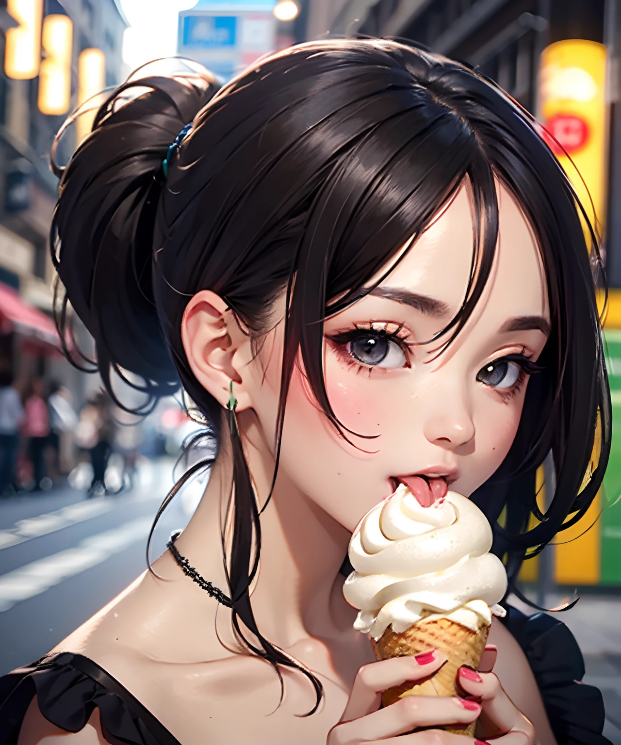 The Masterpiece、Realstic、best qulaity、Squint、Beautiful woman licking up a large soft-serve ice cream with her tongue、photorealestic, ponytail black hair, wearing a green dress, 8k