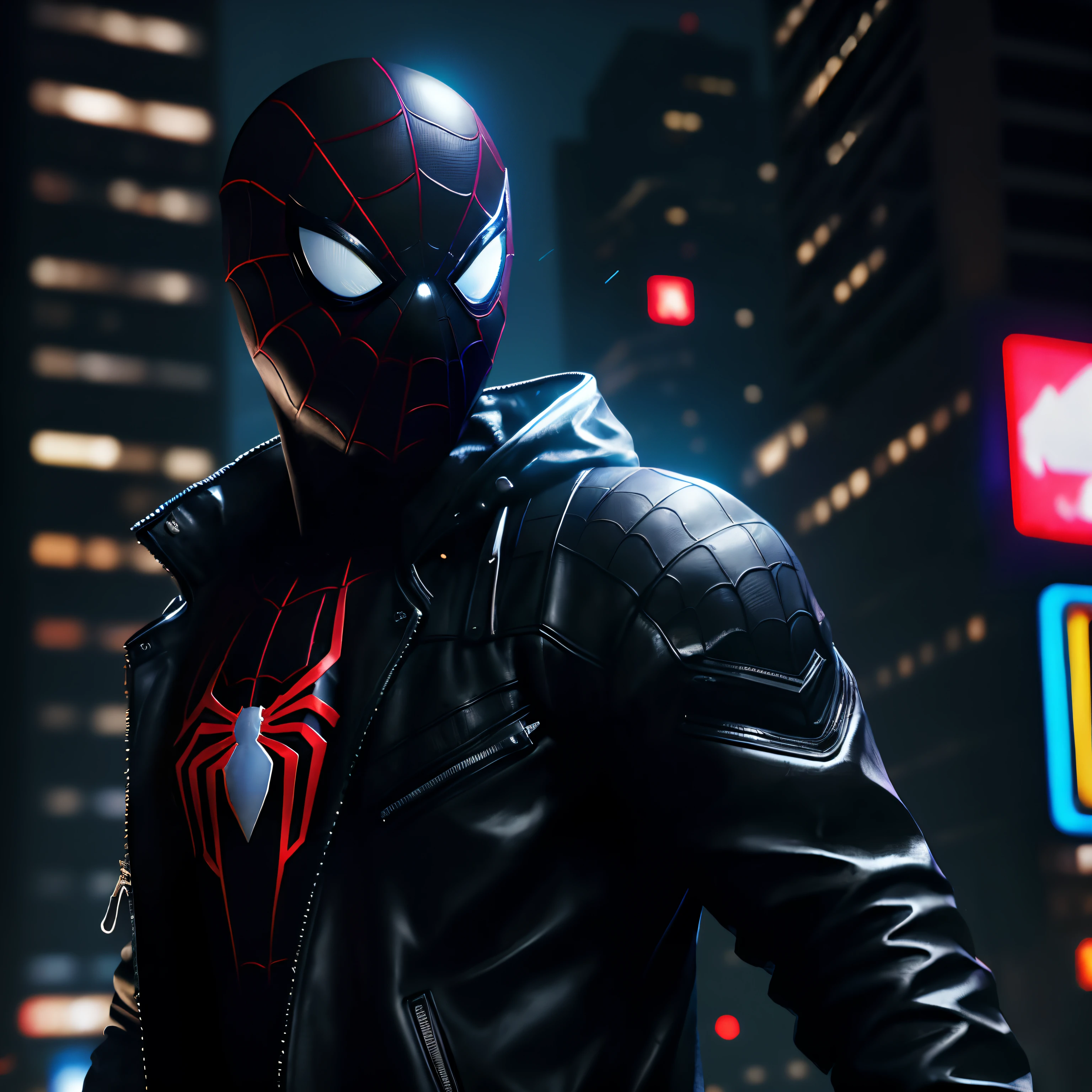 Black spider Man wearing a black jacket , (top-quality、8K、32K、masterpiece、)、(The ultra -The high-definition)、(Photorealsitic:1.4)、Raw photography,Perfect eyes,Charming perfect figure,actionpose:1.2,Detailed cyberpunk fashion、World of Cyberpunk,depth of fields,blurry backround,、