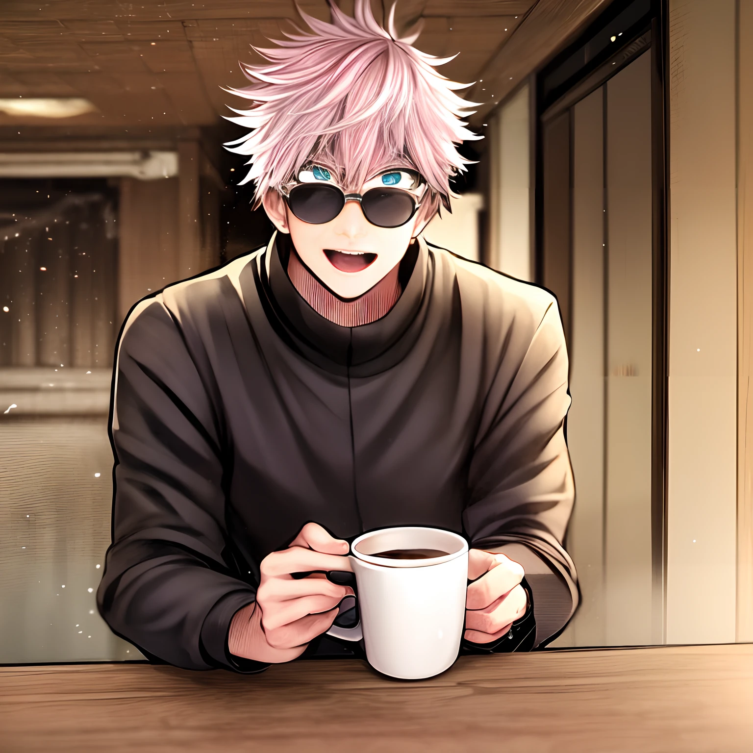 Um homem de cabelos brancos, olhos azuis celestes, roupa preta arroxeada, alto, bonito. holding a cup of coffee, sentado em uma cadeira, dentro de uma casa feita madeira, simples, decorada. Melhor qualidade de imagem, foto solo, alta qualidade, HD. Estilo anime, Jujutsu Kaisen, Satoru Gojo.