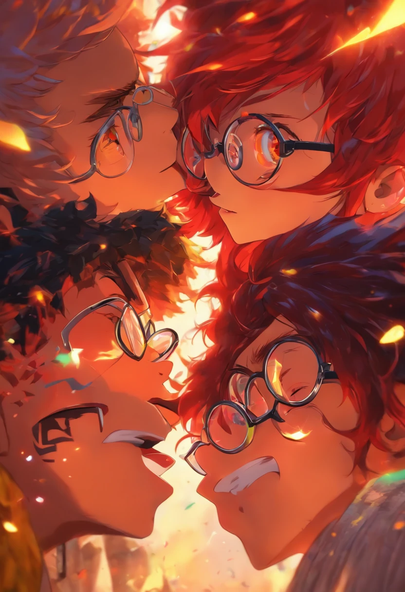 1 boy ,red hair,yellow cloat, kiss , 1 girl, black hair ,round glasses
