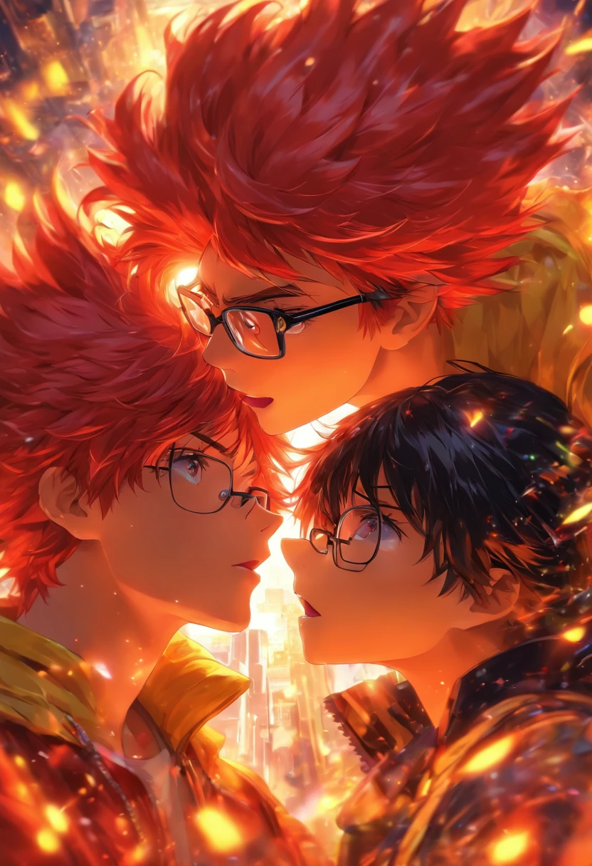 1 boy ,red hair,yellow cloat, kiss , 1 girl, black hair ,round glasses