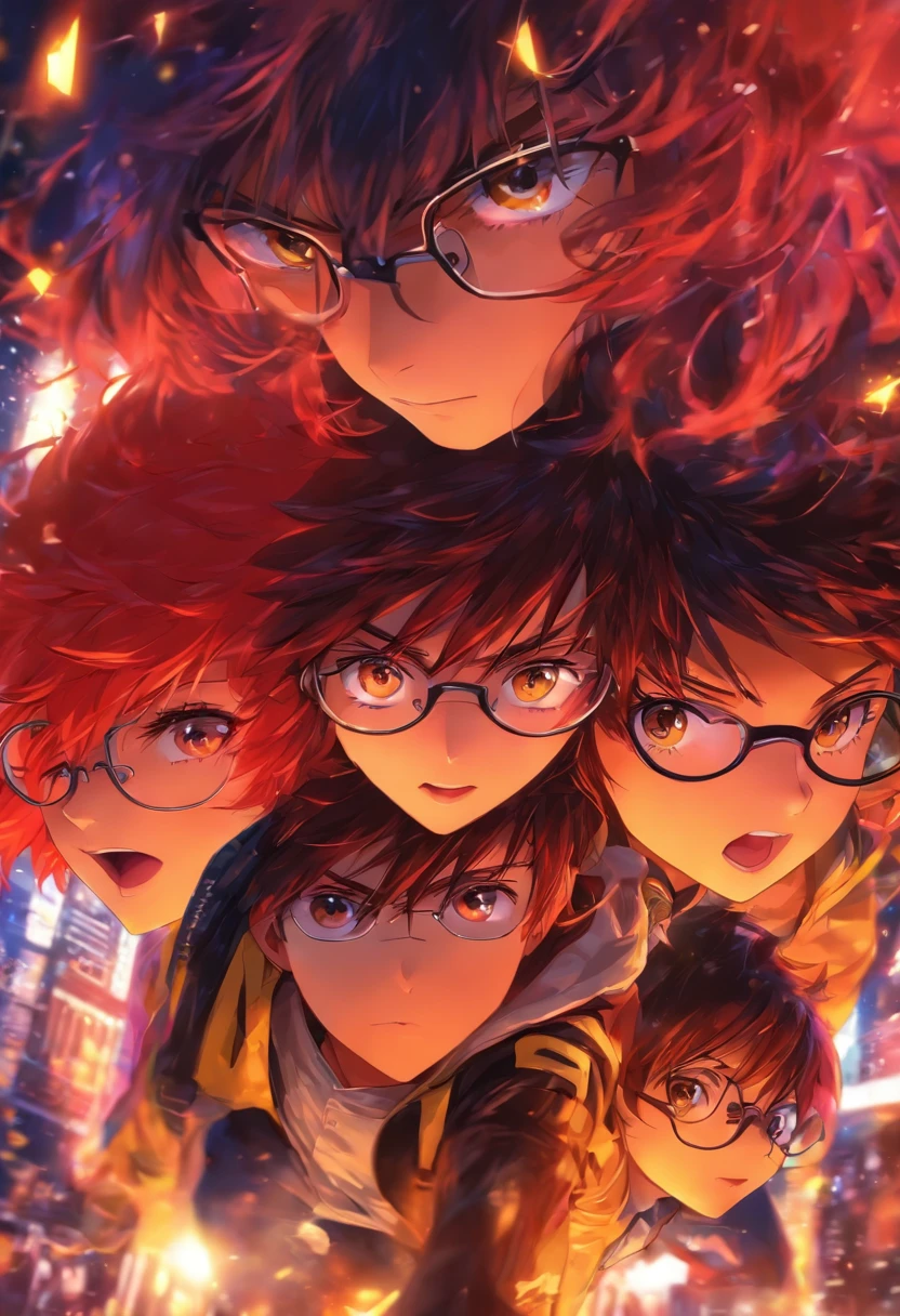 1 boy ,red hair,yellow cloat, kiss , 1 girl, black hair ,round glasses