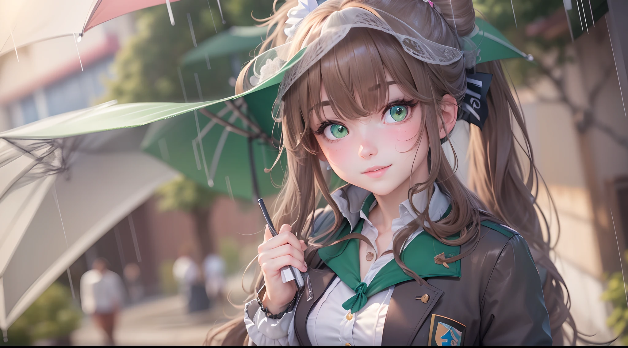 Masterpiece, Best quality, offcial art, (Highly detailed CG unity 8k wallpaper), Detailed background, (Guido Daniel's hand: 1.1), foot out of frame, first person perspective, 1, Charming and perfect beautiful woman, schoolgirl, JK, Girl student uniform, rainy days, Lots of rain, ventania, (Curvaceous), ( White thighs: 1.12), (Brown long hair: 1.12), (ahoge (1.13), (High ponytail: 1.12), (Green eyes: 1.13), , (cleavage), Beautiful face, (Blush: 1.11), (Smile: 1.11)