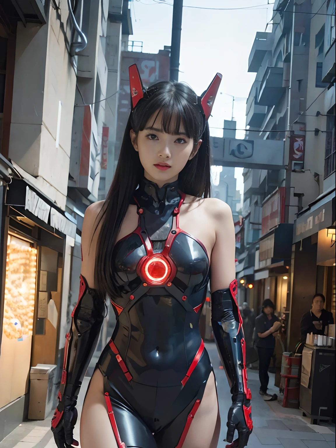 (Fight against mechanical robot soldiers)、top-quality、masterpiece、超A high resolution、(With a futuristic machine gun、holding knive),(Wearing a futuristic hat)、(Photorealsitic:1.4)、Raw photo、1人、Black hair、glowy skin、((1 Mechanical Girl))、((super realistic details))、portlate、(Mystical expression)、explosions、Particles of light、(Small LED lamp)、Wire tubes that glow all over the body、(With state-of-the-art weapons),globalillumination、Shadow、octan render、8K、Armpit、ultrasharp、Colossal tits、Small LED lamp、Raw skin is exposed in cleavage、metals、blood vessels connected to tubes、With weapons、Red bodysuit、Armpit、Cyberpunk city background、Details of complex ornaments、Japan details、highly intricate detail、Realistic light、CGSoation Trends、Blue eyes、radiant eyes、Facing the camera、neon details、(Tattoo numbers on the face)、Mechanical limbs、blood vessels connected to tubes、Mechanical vertebrae attached to the back、mechanical cervical attaching to neck、Wires and cables connecting to the head、Gundam、Small LED lamp、Toostock、Toostock、Futuristic machine gun、Knives、(Red Metallic Bodysuit),