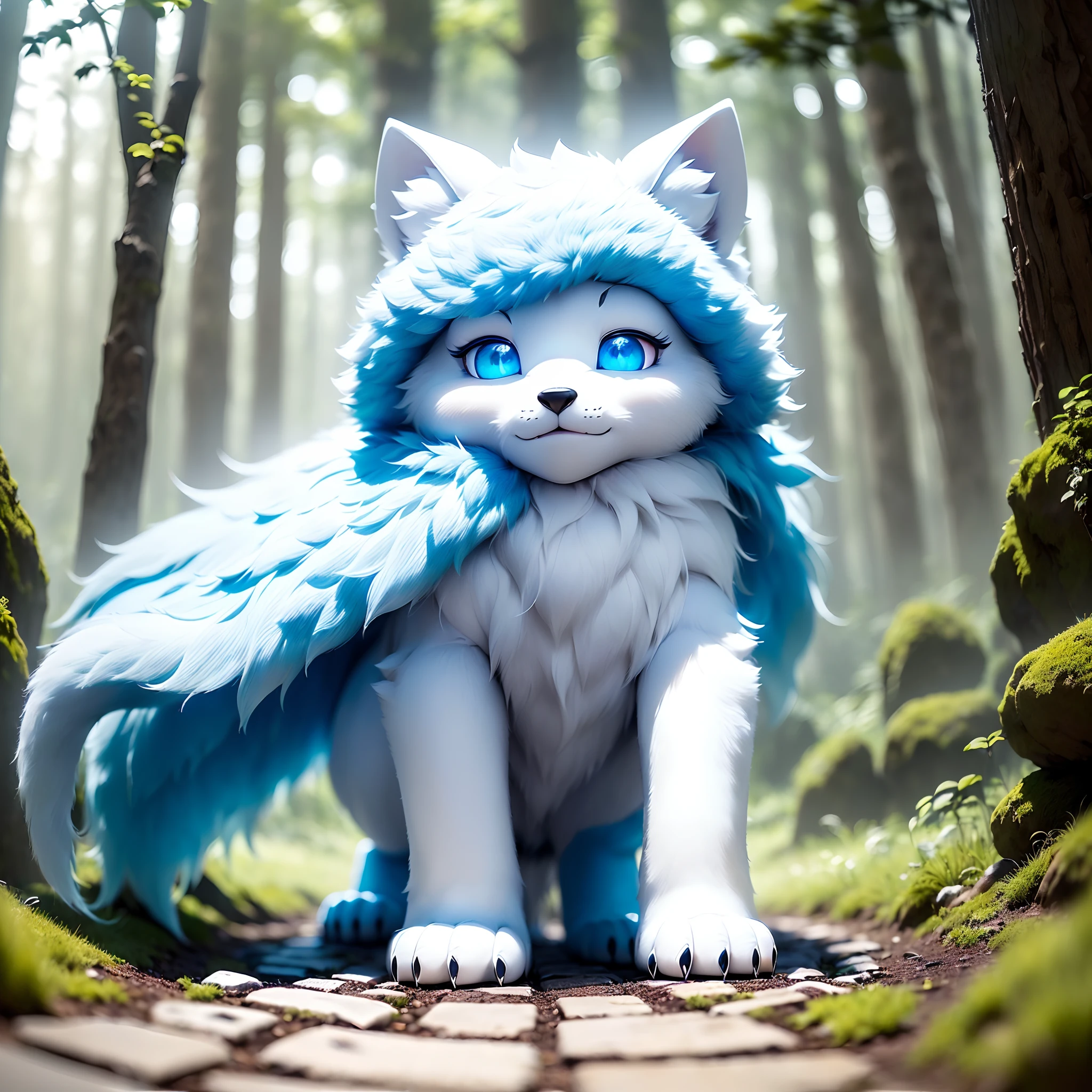 Anthropomorphic standing furry little wolf,adolable, Light:Extreme light and shadow,(anthr(Full Body Furry,Head bust close-up, Pale blue hair,Large pale blue ears,Big blue eyes,White fur,Reddish skin ,Sky blue eyes, Pale blue hair:1.2), (long canines、Thick blue cloak,White fur trims:1.2),(In the daytime、lawns)) ,((Deep in the forest at night,glowworm,Stone path,独奏,solo person)),((the detail)),(depth of fields),(standing on your feet))