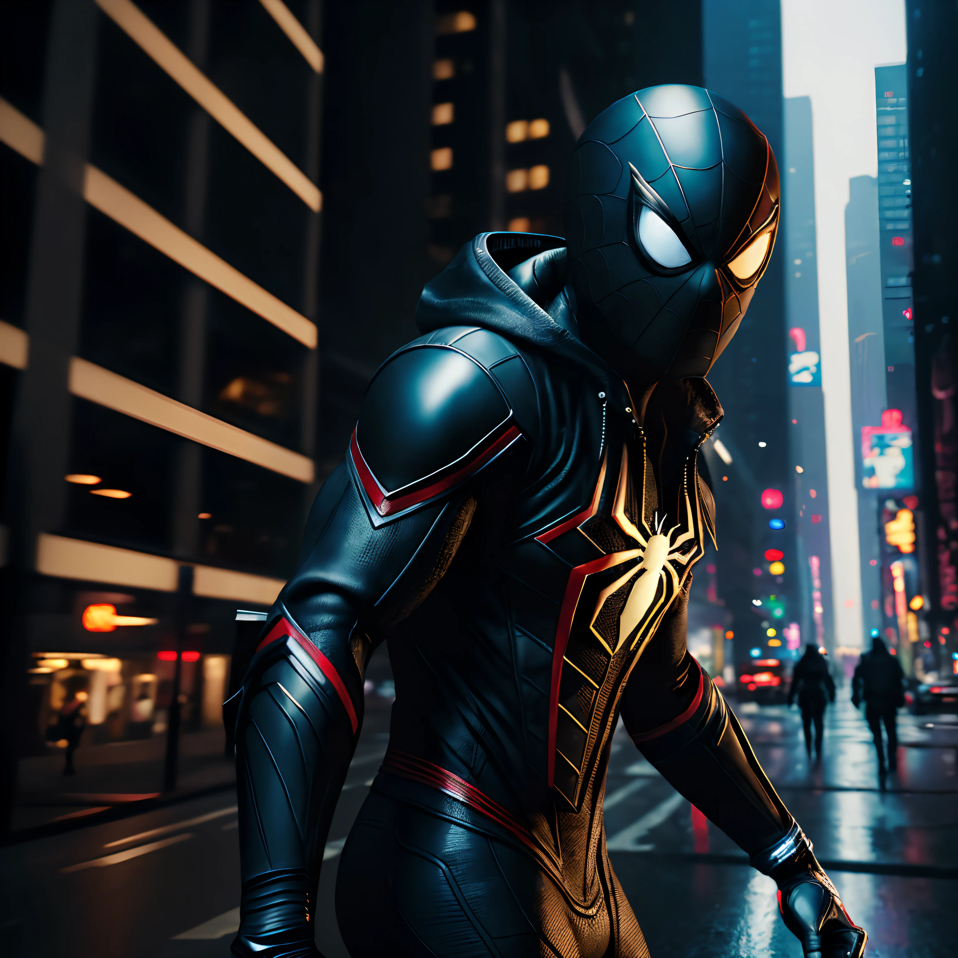 Black spider Man wearing a black jacket , (top-quality、8K、32K、masterpiece、)、(The ultra -The high-definition)、(Photorealsitic:1.4)、Raw photography,Perfect eyes,Charming perfect figure,actionpose:1.2,Detailed cyberpunk fashion、World of Cyberpunk,depth of fields,blurry backround,、