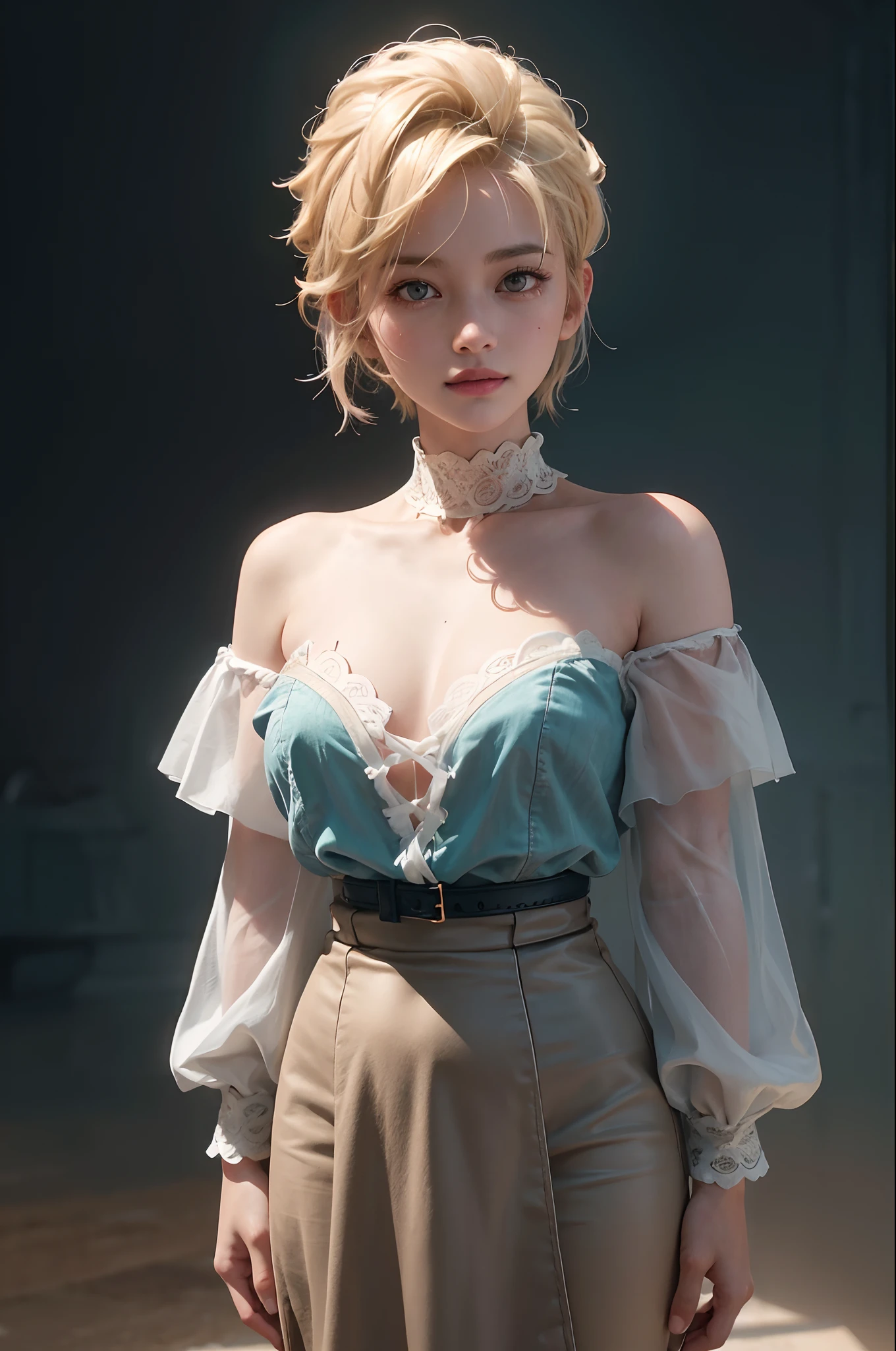 a blond, Wavy hair,(hi-top fade:1.3), (Smiling broadly, bright look), dark theme, soothing tones, muted colors, High contrast, (Natural skin texture, hyperrealism, Soft light, edgy),exposure blend, medium shot, Bokeh, (HDR:1.4), High contrast, (films, teal and orange:0.85), (muted colors, faded colors, soothing tones:1.3), Low saturation, (hyperdetailed:1.2), (black:0.4)
