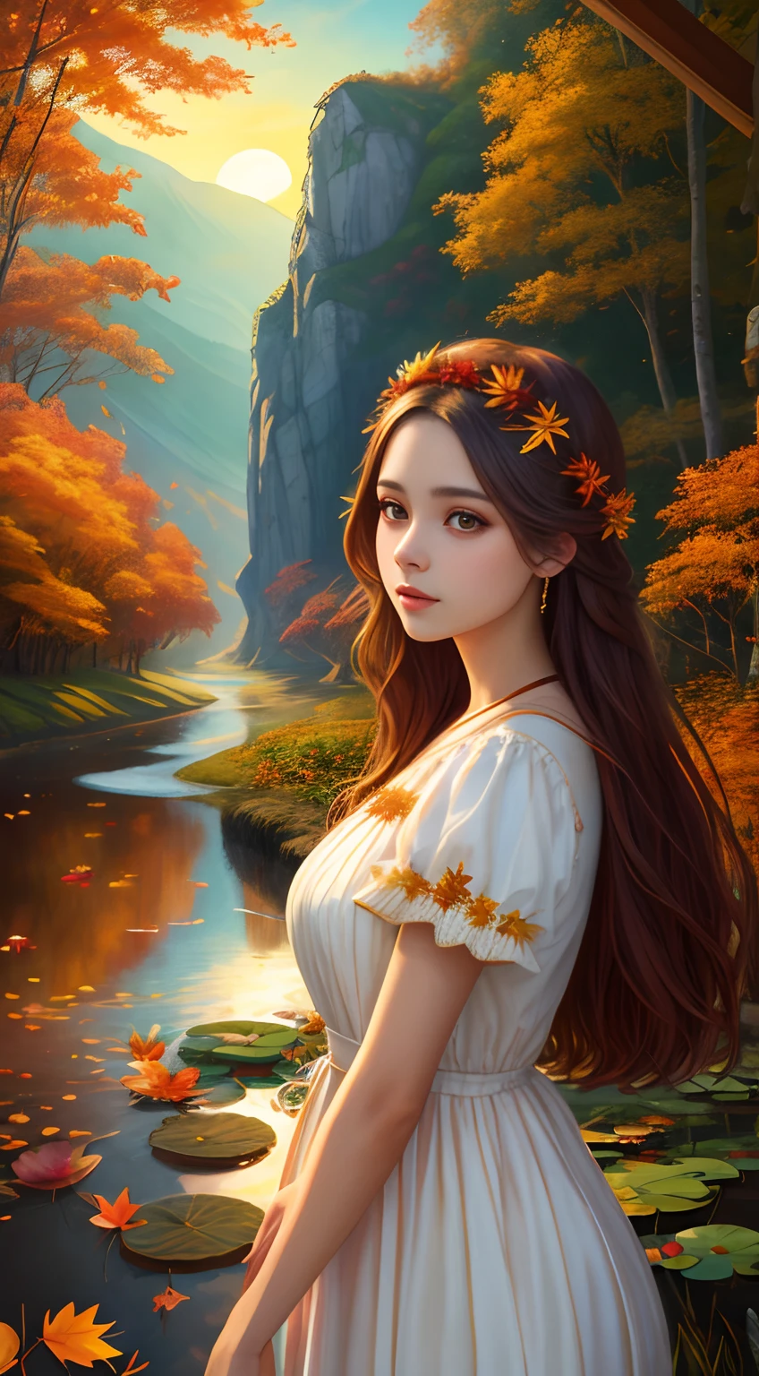 Woman in white dress, goddess of autumn,Beautiful age girl, Realistic painting style, Autumn background,Red maple forest,Lotus leaf,lotuses,Distant mountains,Sunset Dusk, Beautiful digital artwork, golden autumn, Guviz-style artwork, 🍁 Cute, photorrealistic concept art, landscape artwork, inspired by Magali Villeneuve, in fall, Photorealistic!!!!!!! Art style, Beautiful artwork, super realistic painting style