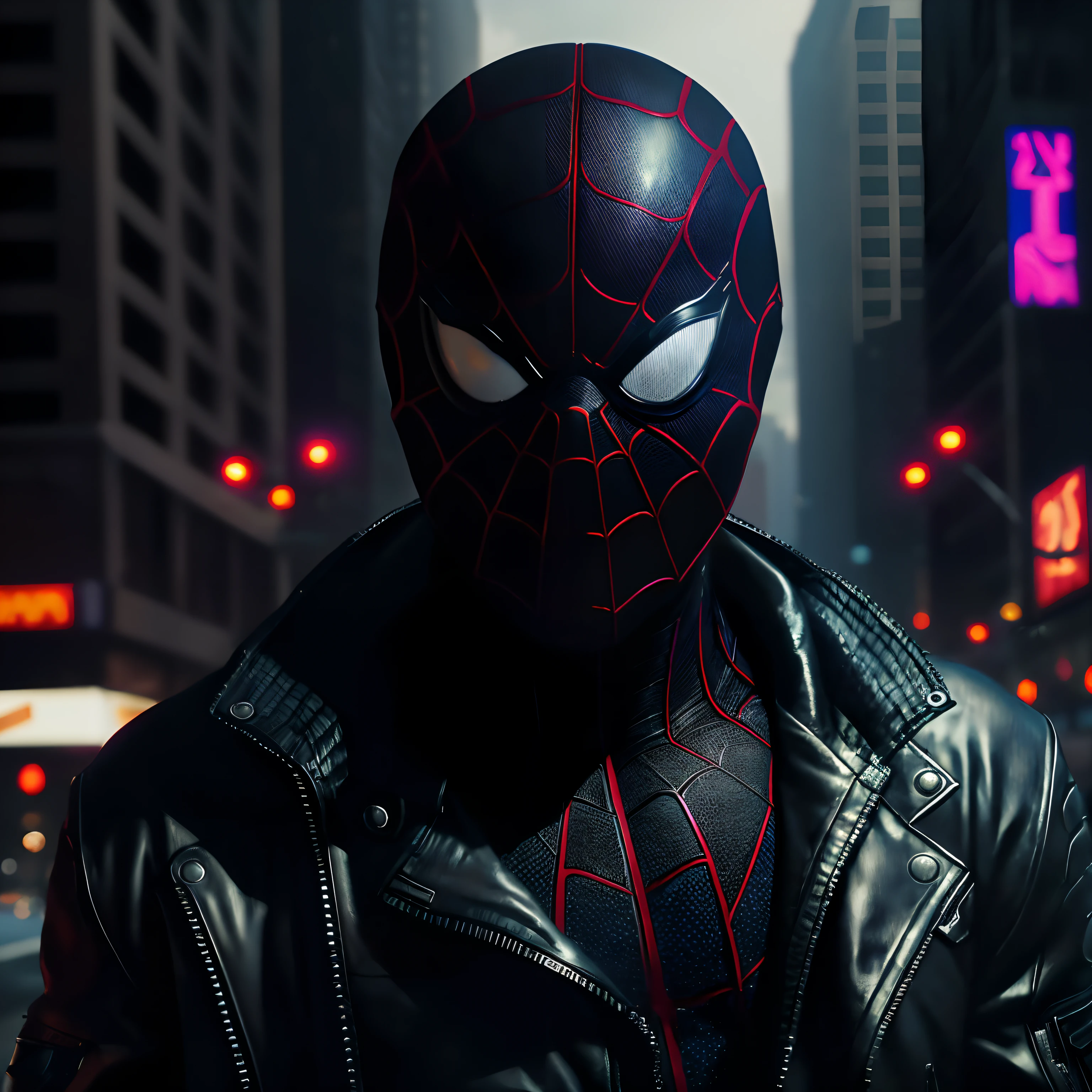 Black spider Man wearing a black jacket , (top-quality、8K、32K、masterpiece、)、(The ultra -The high-definition)、(Photorealsitic:1.4)、Raw photography,Perfect eyes,Charming perfect figure,actionpose:1.2,Detailed cyberpunk fashion、World of Cyberpunk,depth of fields,blurry backround,、