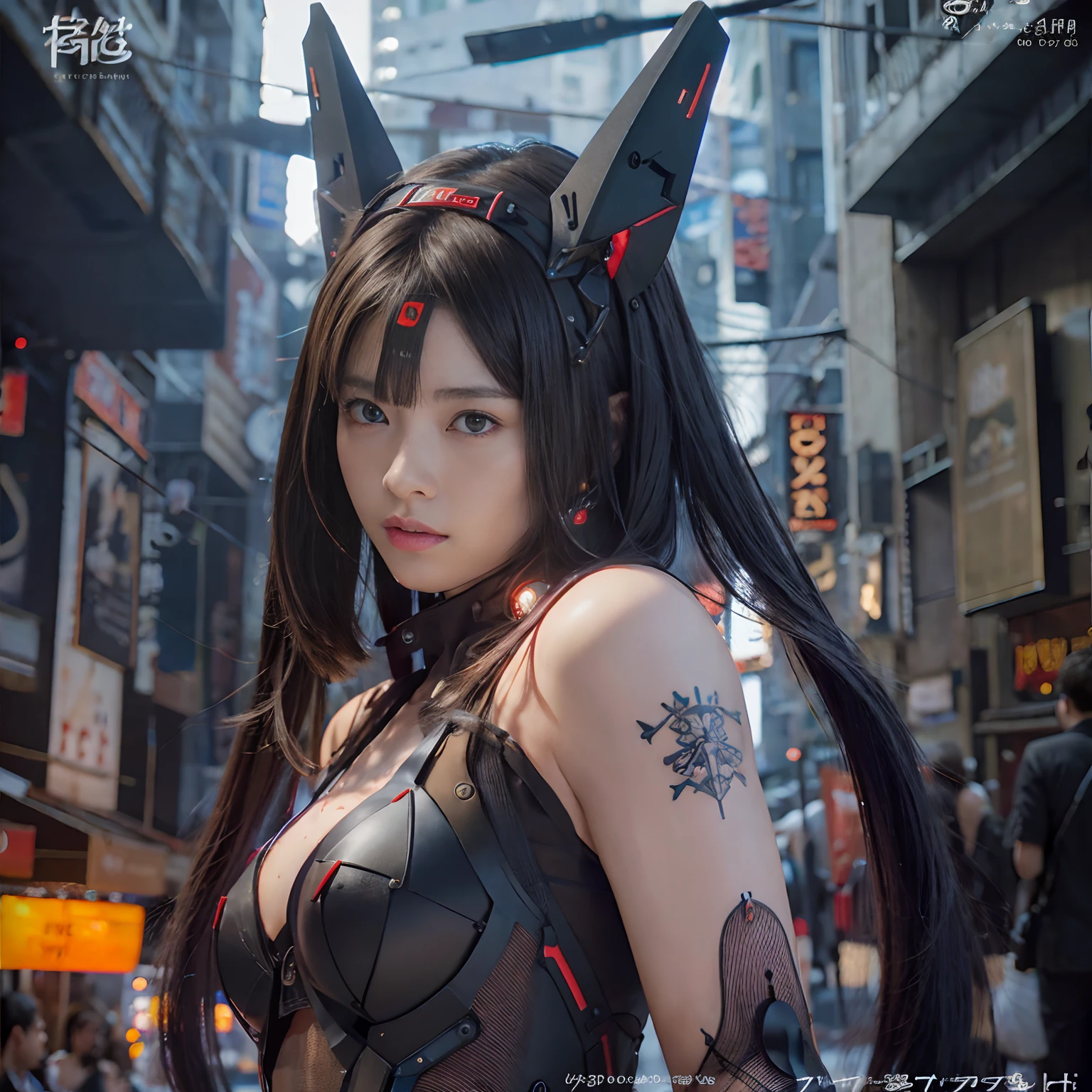 （Part of the skin is a computer）、top-quality、​masterpiece、超A high resolution、(With a futuristic machine gun、holding knive),（Wearing a futuristic hat）、(Photorealsitic:1.4)、Raw photo、1人、Black hair、glowy skin、((1 Mechanical Girl))、((super realistic details))、portlate、（Mystical expression）、explosions、Particles of light、（Small LED lamp）、Wire tubes that glow all over the body、(With state-of-the-art weapons),globalillumination、Shadow、octan render、8K、Armpit、ultrasharp、Colossal tits、Small LED lamp、Raw skin is exposed in cletals、blood vessels connected to tubes、With weapons、Red bodysuit、Armpit、Cyberpunk city background、Details of complex ornaments、Japan details、highly intricate detail、Realistic light、CGSoation Trends、Blue eyes、radiant eyes、Facing the camera、neon details、（Tattoo numbers on the face）、Mechanical limbs、blood vessels connected to tubes、Mechanical vertebrae attached to the back、mechanical cervical attaching to neck、Wires and cables connecting to the head、Gundam、Small LED lamp、Toostock、Toostock、Futuristic machine gun、Knives、(White Metallic Bodysuit),（Futuristic motorcycle background）、