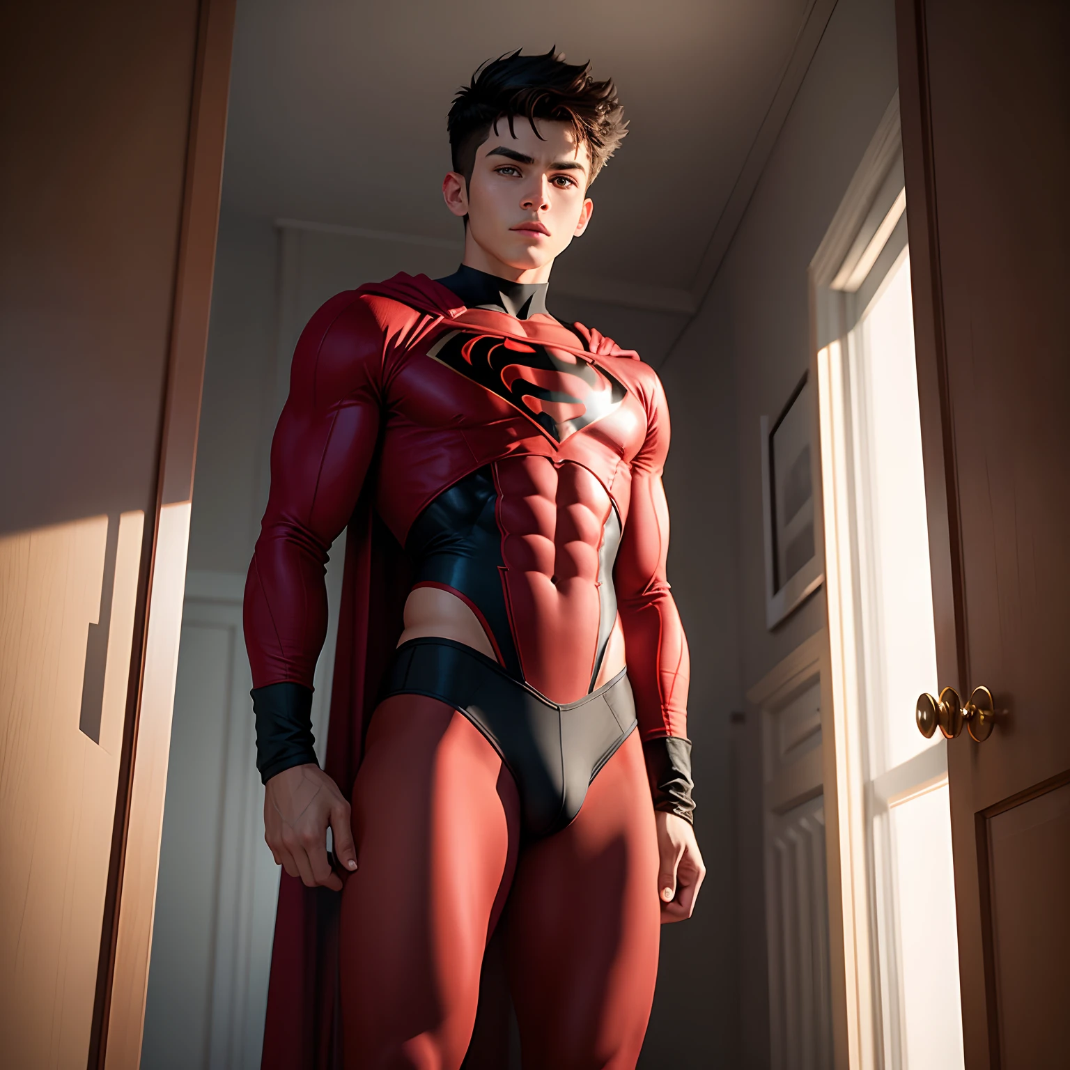 Junior male superhero standing in room in red tights and black briefs