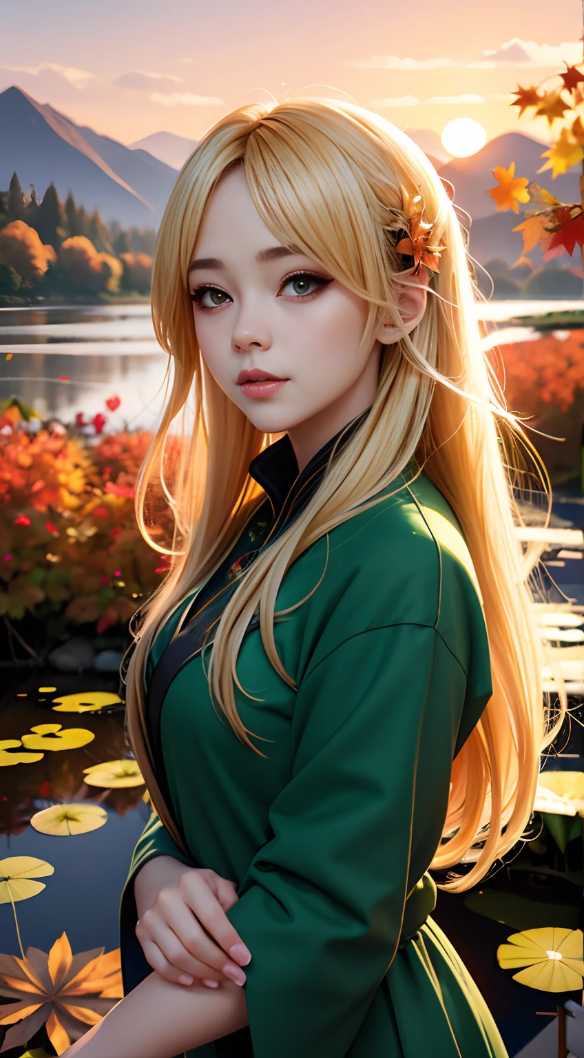 Close up of a woman with long blonde hair and green dress, 🍁 Cute,Autumn background,Red maple forest,Lotus leaf,lotuses,Distant mountains,Sunset Dusk, Guviz-style artwork,, Guviz, Beautiful image, Girl, 🌺 CGSesociety, 🍂 Cute, Beautiful digital illustration, Beautiful character painting, Beautiful teenage girl, Guweiz in Pixiv ArtStation, Fanart Meilleure ArtStation