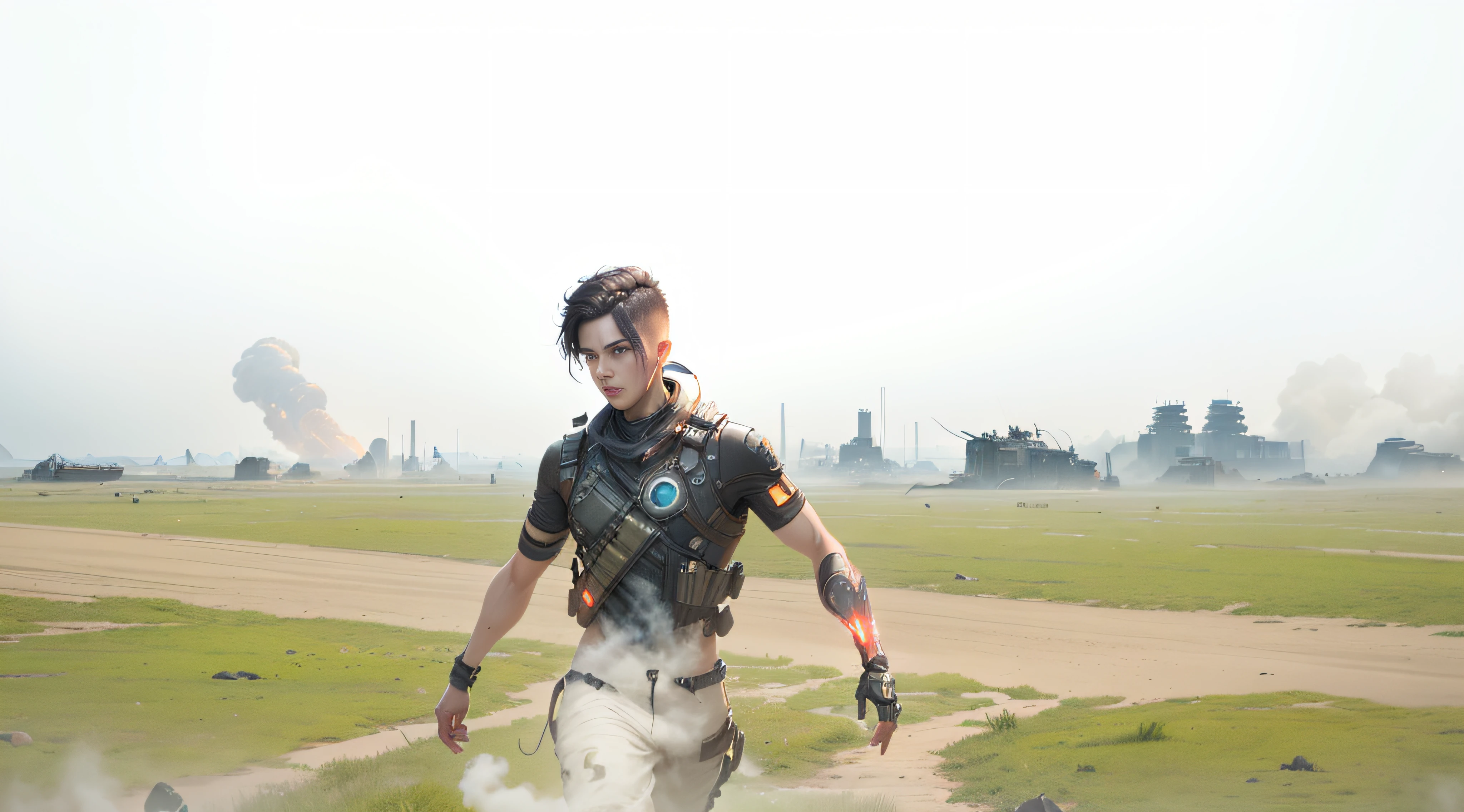 cypunk, futuristic, mechanic, dystopia, trending on artstaion, by greg rutkowski,  8k, boy, glowing eyes, smoke and fire, glowing power aura, dynamic view