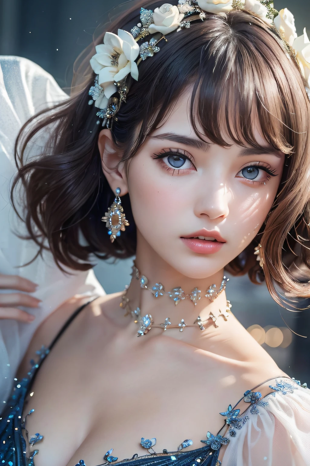 Absurd, ultra-detailed, high quality, detailed face, beautiful eyes, Aphrodite was a vision of ethereal loveliness, radiating an enchanting aura that captivated all who beheld her. She possessed a grace that seemed otherworldly and a charm that could sway even the most steadfast hearts. (black short hair with fringe) (blue eyes) (close-up)
