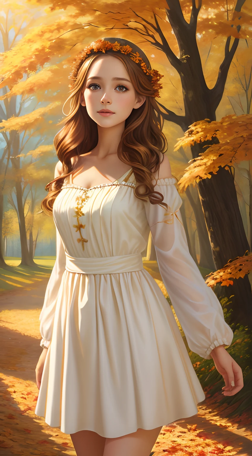 Woman in white dress, goddess of autumn,Beautiful teenage girl, Realistic painting style, soft autumn sunlight, Beautiful digital artwork, golden autumn, Guviz-style artwork, 🍁 Cute, photorrealistic concept art, landscape artwork, inspired by Magali Villeneuve, in fall, Photorealistic!!!!!!! Art style, Beautiful artwork, super realistic painting style