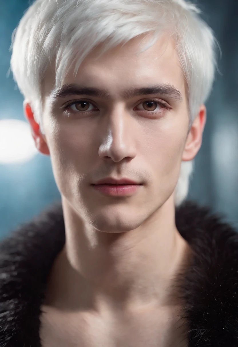 Young man, 20 years old, white hair, two block haircut , shirtless, wearing a black fur coat , reality photo, reality skin, detailed skin, glowing light eyes, Biomechanical, eerie, Creepy, nightmarish, Very bright colors, Light particles, with light glowing, Mshiff, wallpaper art, UHD wallpaper