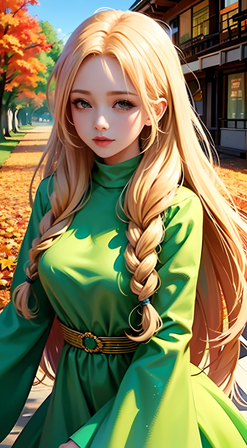 Close up of a woman with long blonde hair and green dress, 🍁 Cute,Autumn background, Guviz-style artwork,, Guviz, Beautiful image, Girl, 🌺 CGSesociety, 🍂 Cute, Beautiful digital illustration, Beautiful character painting, Beautiful teenage girl, Guweiz in Pixiv ArtStation, Fanart Meilleure ArtStation