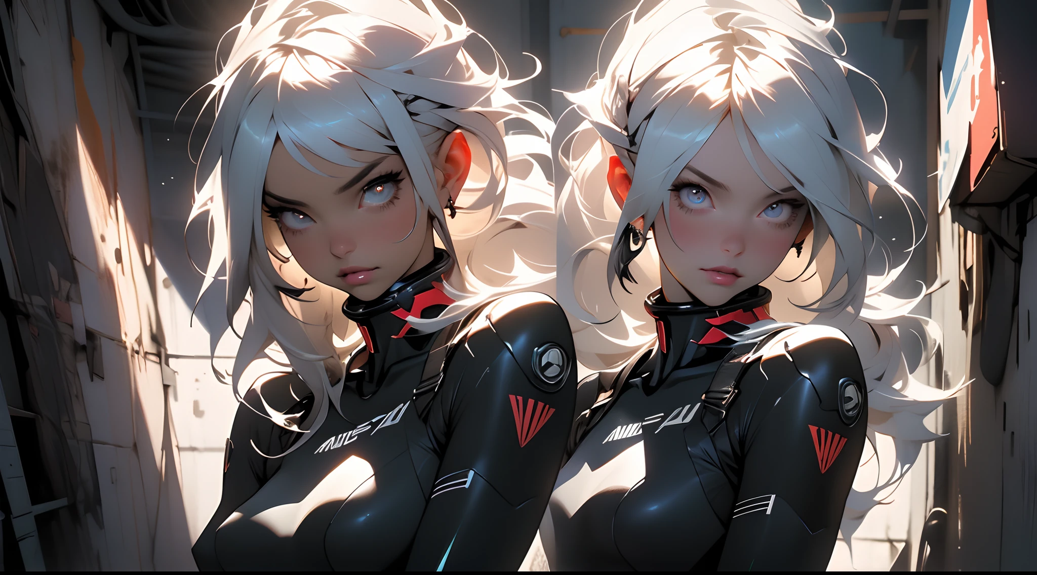 (((Young White Woman))), ((Best Quality)), ((Masterpiece)), (Detail: 1.4), 3D, A Beautiful Cyberpunk Woman with Simon Bisley-style micro thong, Genesis evangelion neon style clothing, 2-piece clothing, Long silver hair, arm tatoo, cybernetic hands, pastel, Centered, scale to fit the dimensions, nffsw (High dynamic range),Ray tracing,NVIDIA RTX,Hyper-Resolution,Unreal 5,Subsurface Dispersion, PBR Texture, Post-processing, Anisotropy Filtering, depth of fields, Maximum clarity and sharpness, Multilayer textures, Albedo and specular maps, Surface Shading, accurate simulation of light and material interactions, Perfect proportions, Octane Render, Two-tone lighting, Wide aperture, Low ISO, White Balance, thirds rule, 8K Raw, Crysisnanosuit,loraeyes,nijistyle,pantyhose,Wide eyes