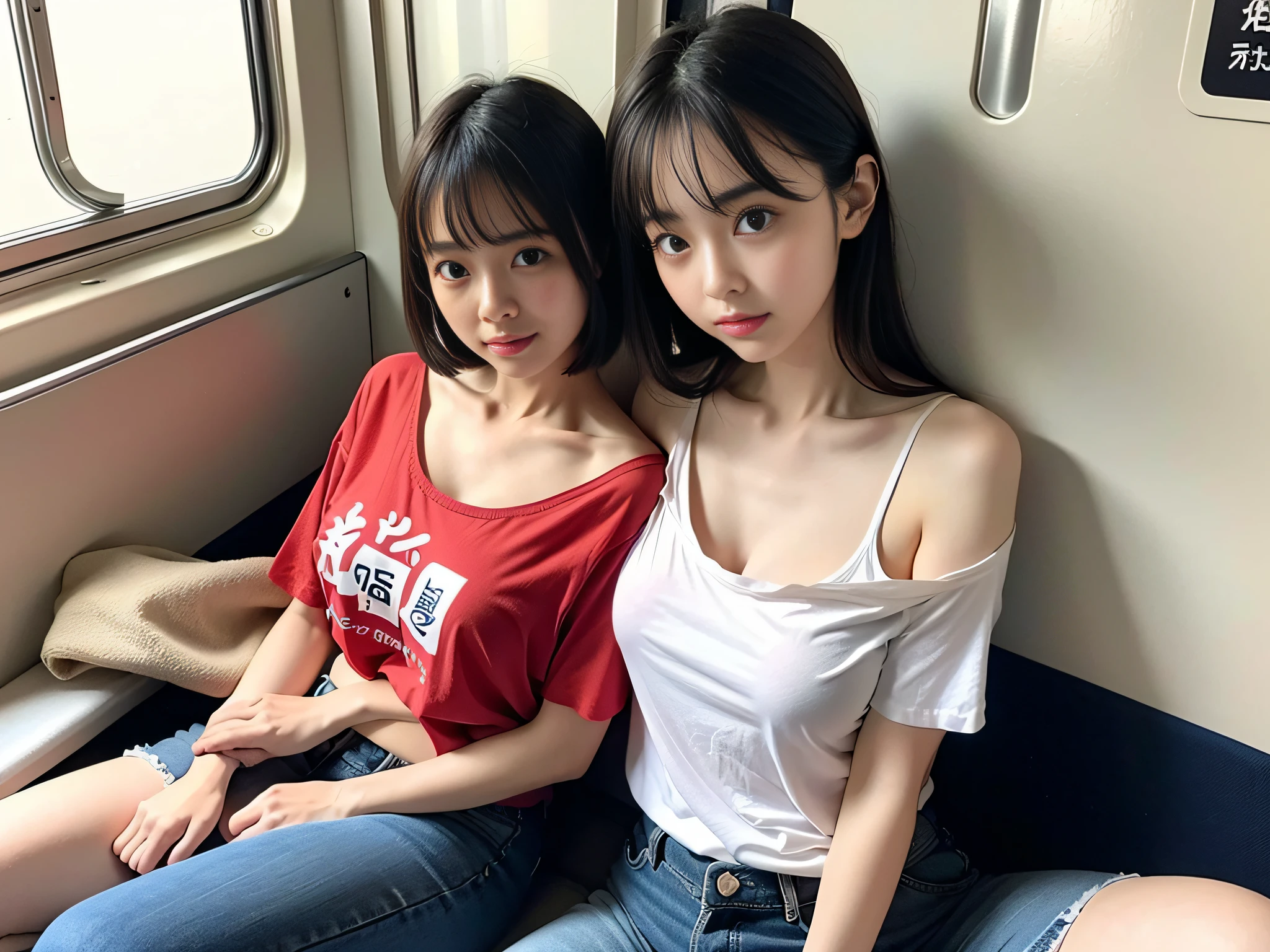 high-level image quality、realphoto、Cute little girl s、sitting in the train seat、Leaning forward、Kamimei、Chest chiller、Chest gaps、You can see all the way to your stomach、 large boob、  are not visible、Deep Down Blouse、oversize tshirt、japanes、13years、off shoulders、No bra、wide々and size、high-angle shot