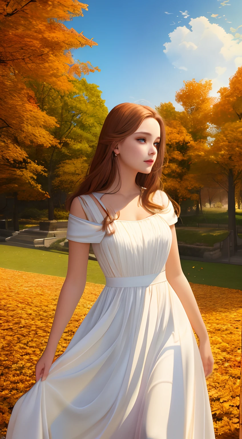 Woman in white dress, goddess of autumn,Beautiful teenage girl, Realistic painting style, soft autumn sunlight, Beautiful digital artwork, golden autumn, Guviz-style artwork, 🍁 Cute, photorrealistic concept art, landscape artwork, inspired by Magali Villeneuve, in fall, Photorealistic!!!!!!! Art style, Beautiful artwork, super realistic painting style
