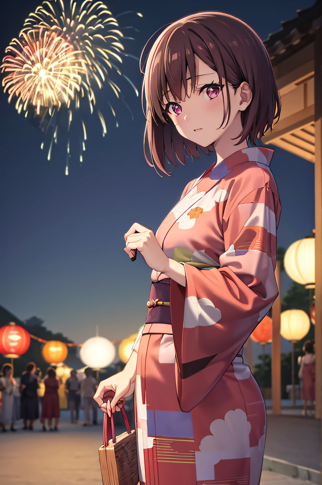 masutepiece, Best Quality, High resolution, 超A high resolution, depth of fields, Short hair, Brown hair, Pink eyes, (Hairpin), Yukata, Summer festival,  (Fireworks in the sky), nigh sky,