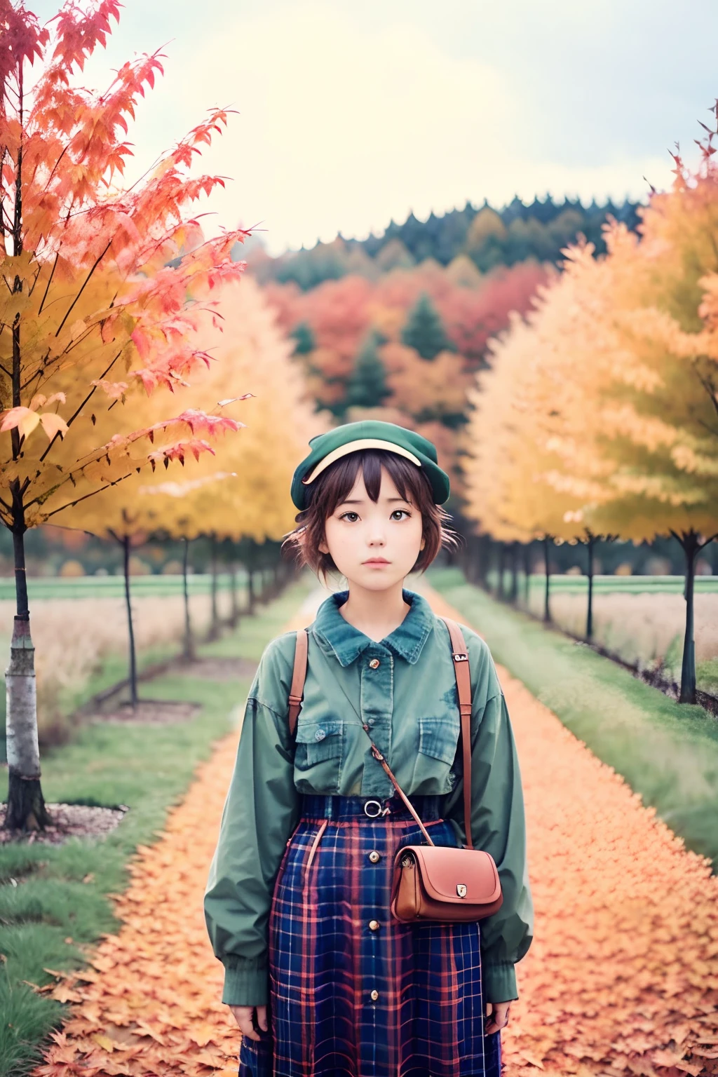 Image of a woman standing in a field next to a tree, 🍁 Cute, lofi girl aesthetic, Anime style mixed with Fujifilm, lofi aesthetics, Movie lovers, lofi color, Praise Artstyle, [ Realistic photography ], Photorealistic art style, Detailed scenery —width 672, Aesthetically pleasing film particles, Autumn colors, beginning of autumn