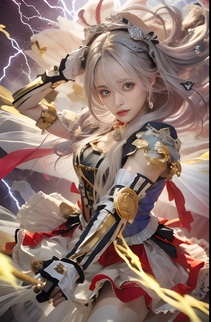On the battlefield of the storm, A woman dressed in a ta costume wields a weapon infused with the power of the fire element.(( Lightning danced beside her)), Echoing the strength of her determination,Because she embodies the power of the forces of nature in battle.offcial art, 8k wallpaper, Ultra detailed, Beautiful and aesthetic, Beautiful, Masterpiece, Best quality,(Focus on thighs up),Clear face,Eyes detailed,(Wind,Fluttering strands of hair,Flowing skirt),