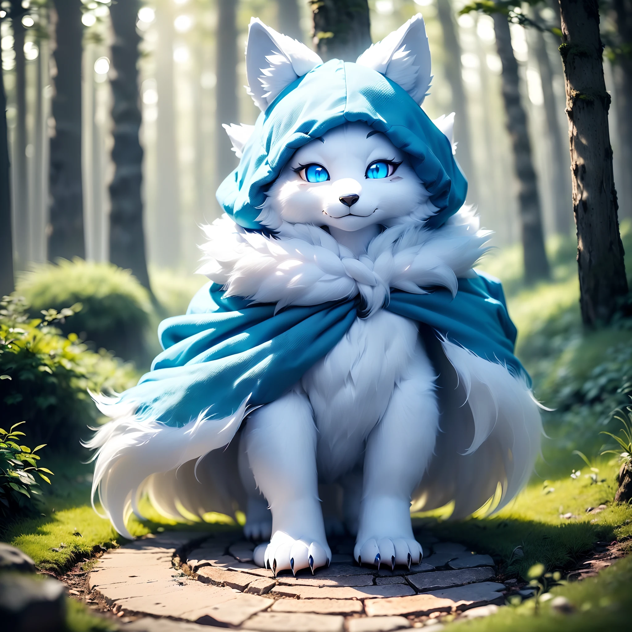 Anthropomorphic standing furry little wolf,adolable, Light:Extreme light and shadow,(anthr(Full Body Furry,Head bust close-up, Pale blue hair,Large pale blue ears,Big blue eyes,White fur,Reddish skin ,Sky blue eyes, Pale blue hair:1.2), (long canines、Thick blue cloak,White fur trims:1.2),(In the daytime、lawns)) ,((Deep in the dark forest at night,glowworm,Stone path,独奏,solo person)),((the detail)),(depth of fields),(standing on your feet))