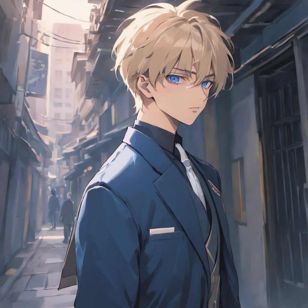 Create an animated scene of a young Gojo Satoru walking casually on a sidewalk with the classic uniform of the Tokyo Jujutsu High School, set against a simple background.

Gojo Satoru, in his youthful appearance, has vibrant white hair with a hint of blue that cascades down to his shoulders in a slightly tousled style. His most captivating feature is his striking blue eyes, which are both enchanting and powerful. These eyes have a mesmerizing quality, with pale lavender irises surrounded by a deep shade of blue. They shine with an intensity that reflects his exceptional strength and wisdom.

He is dressed impeccably in the Tokyo Jujutsu High School uniform. The jacket is blue and features an asymmetric design with a high collar that adds a touch of formality to his overall appearance. On the left side of the jacket, there are two pins. These pins are incised with the school's logo, adding an element of identification. The uniform is completed by a pair of blue pants that match the jacket.

His hands are comfortably tucked into the pockets of his jacket, giving him an air of nonchalance as he walks. There should be a relaxed and confident expression on his face.

The background should be minimalistic, emphasizing the urban sidewalk setting with perhaps a few people passing by in the background. The animation should capture the youthful charm, confidence, impeccable style, and the mesmerizing quality of Gojo Satoru's captivating blue eyes in his school uniform.